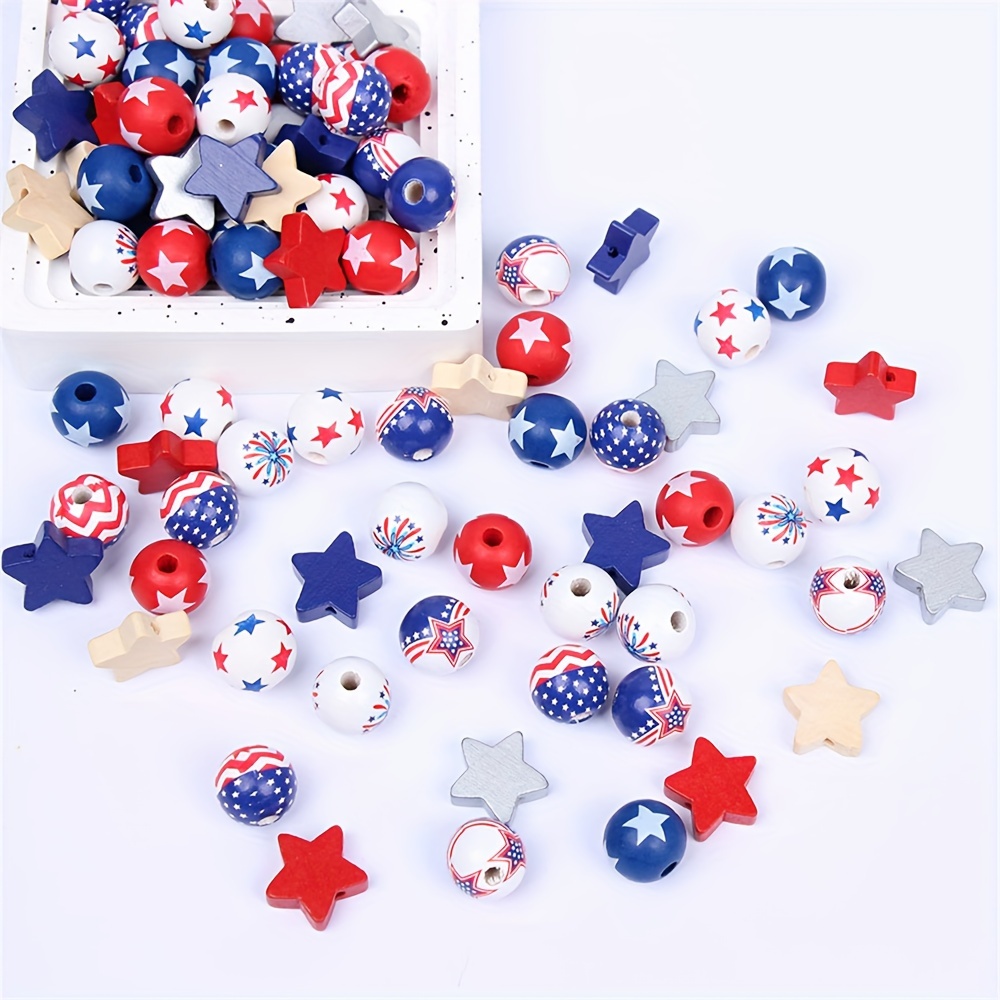 

100pcs Independence Day Wooden Beads, Star-shaped Round Beads, For Jewelry Making