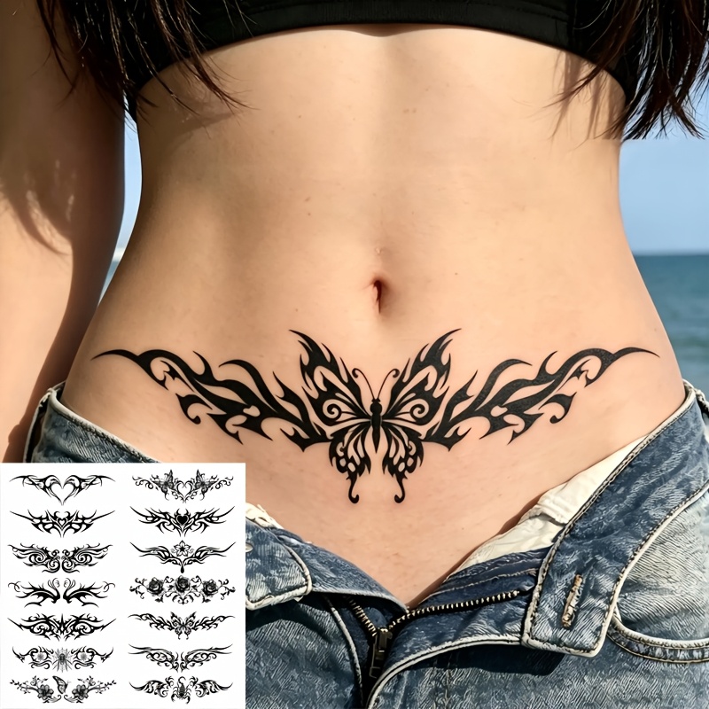 TEMU 14 ontwerpen hart tijdelijke tatoeages voor dames, waterdichte langdurige tattoo-stickers, zwarte rozenontwerpen borst taille lichaamskunst