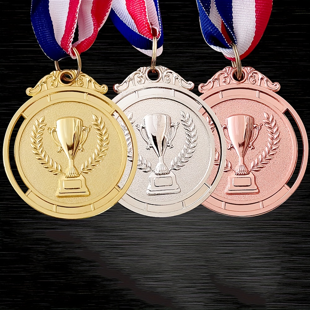 

3pcs, Medals Set, Golden, Silver, And Bronze Color, Trophy With Tri-color Neck Ribbon, Perfect For Sports, Competitions, Celebrations, Party Favors