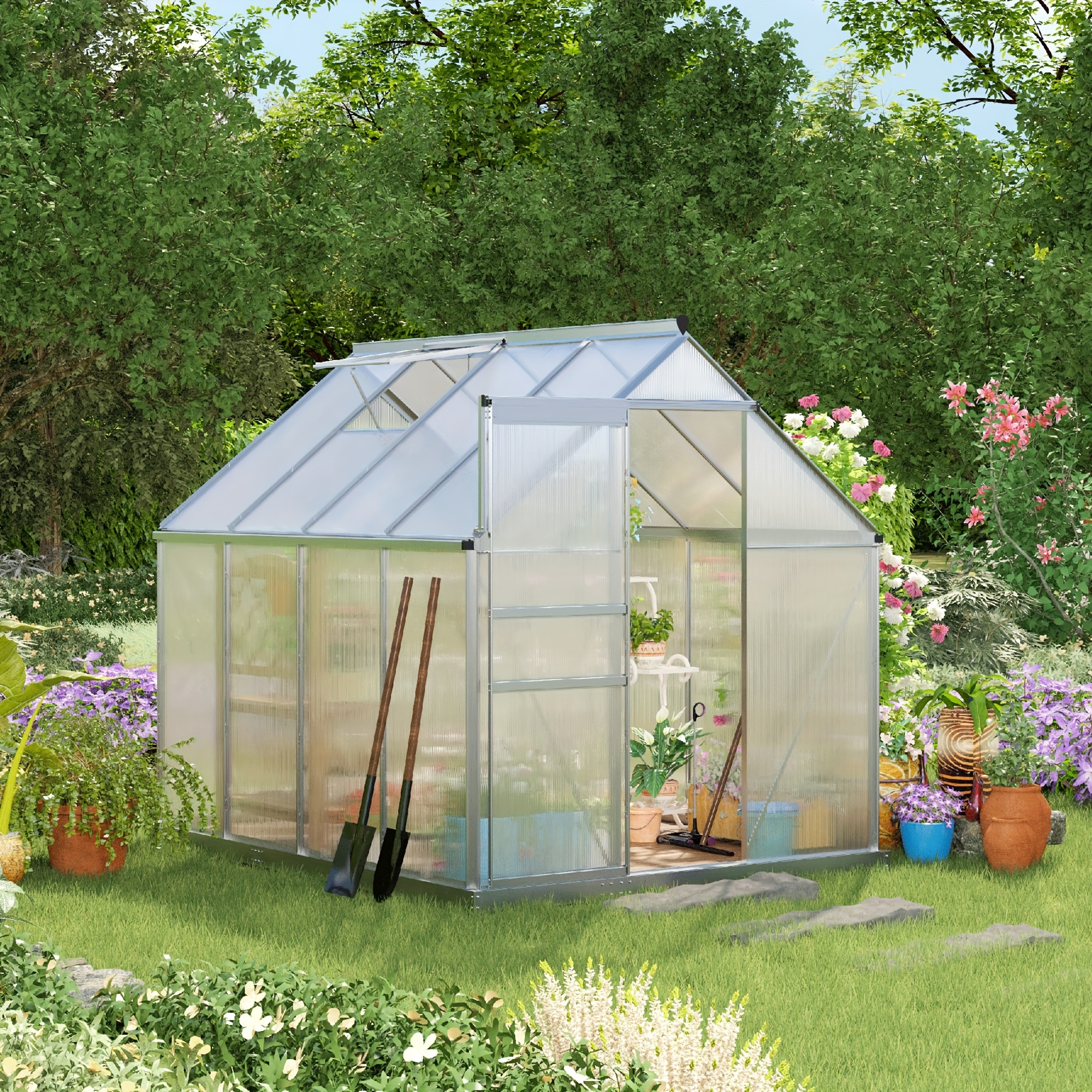 

Outsunny 8' X 6' X 6.5' Polycarbonate Greenhouse With Aluminum Frame, Walk-in Heavy Duty Greenhouse With Adjustable Roof Vent, Rain Gutter And Sliding Door For Winter