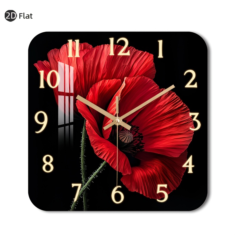 TEMU 1pc Silent Wall Clock Non-ticking Wooden, Decorative Square Clock Hd Glossy Lamination Finish Red Poppy Flower With Clock Numbers Overlay Design