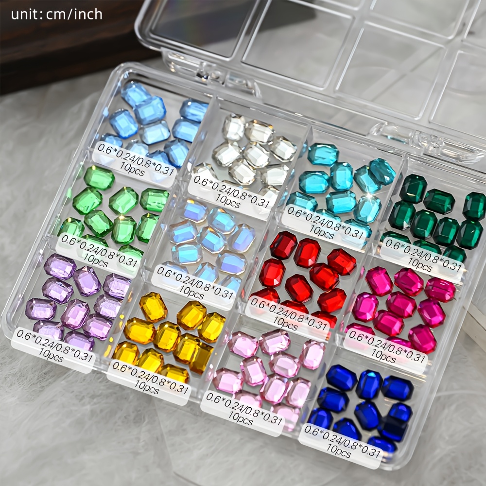 TEMU 12 Grids/box Mixed Color Rectangle Nail Rhinestones, Sparkling 3d Shiny Diamonds Nail Art Charms For Nail Art, And Craft Decoration