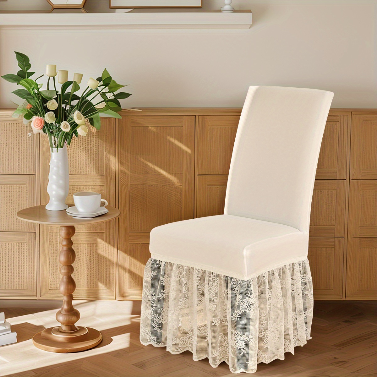 TEMU 1 pièce Housse de Chaise en Fibre Élastique - Jupe en Dentelle Élastique, Fermeture Ajustée, Lavable en Machine, Meuble Contemporain pour
