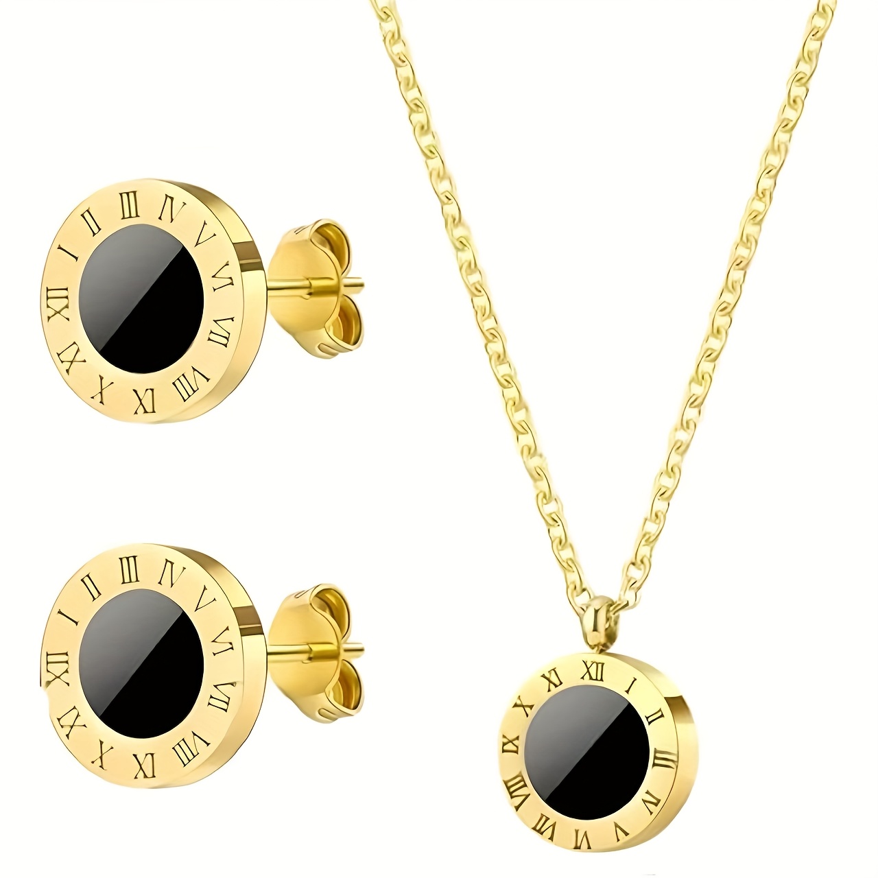 Image of 2pcs Set Luxury Classic Roman Stainless Steel Earrings Necklace Black And White Pendant Jewelry Set Women's
