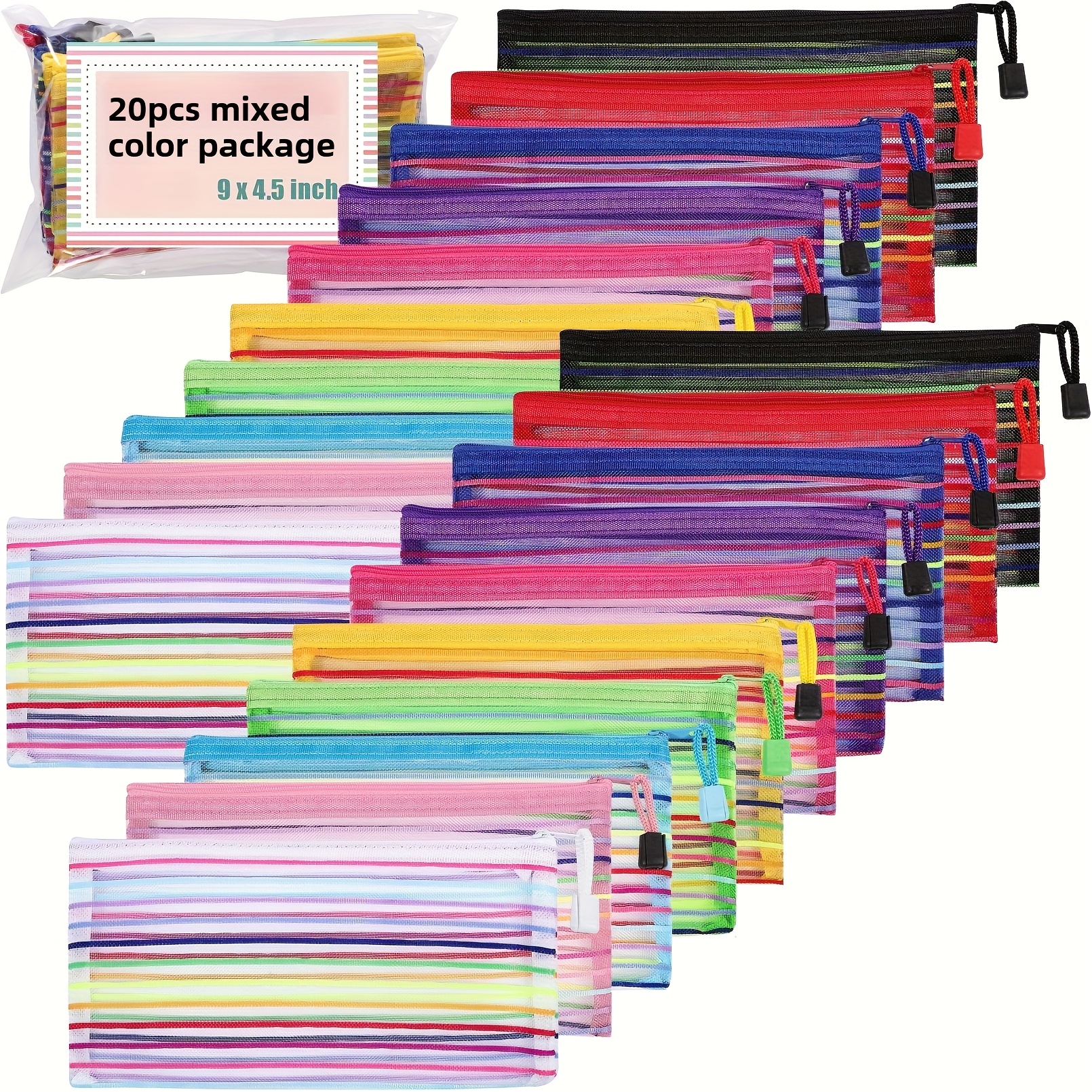 Random Color Set Of 20 Colorful Nylon Mesh Zipper Bags - Multifunctional Travel And Office Storage Bags, 9x7 Inch Mesh Zipper Bags With Drawstring Closed