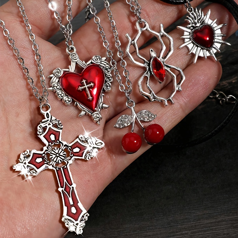 five vintage necklaces featuring gothic punk y2k styles red - Temu 