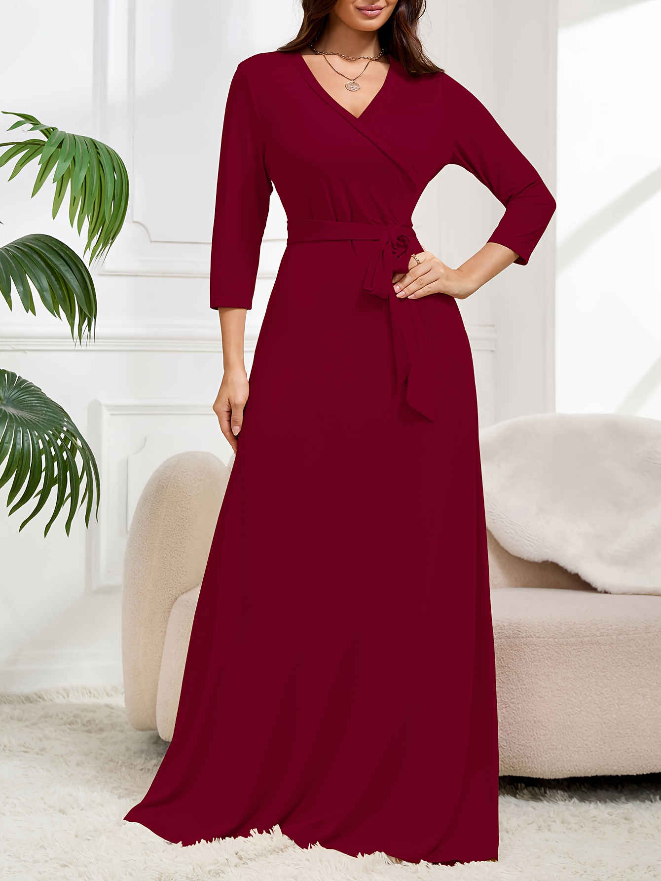 elegante vestido largo cuello mujer cinturón estilo Temu El Salvador