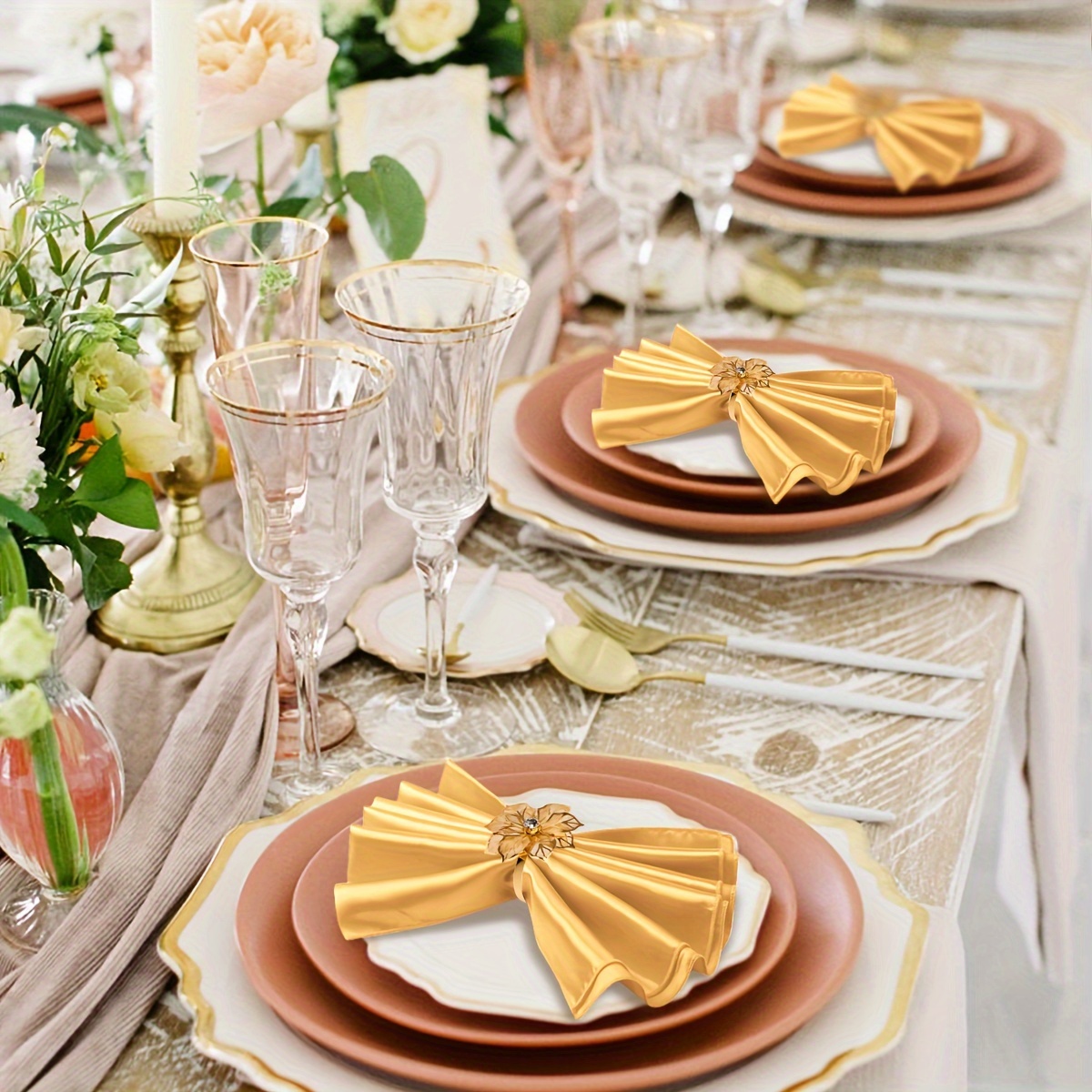 

Elegant 12pcs Golden Satin Napkin Set With Floral Rings - Soft, & Washable Table Decor For Weddings, Banquets, Bridal Showers & Parties