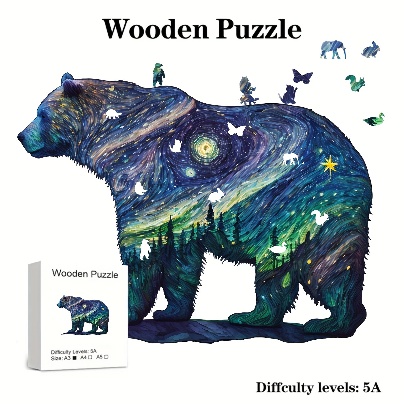 

Starry Bear Wooden Puzzle, Challenging Magical Puzzle Toy, Random Animal Pieces, Unique Starry Bear Animal-shaped Puzzle, Birthday Gift, Holiday, Adult Gift, Brain Teaser Wooden Toy