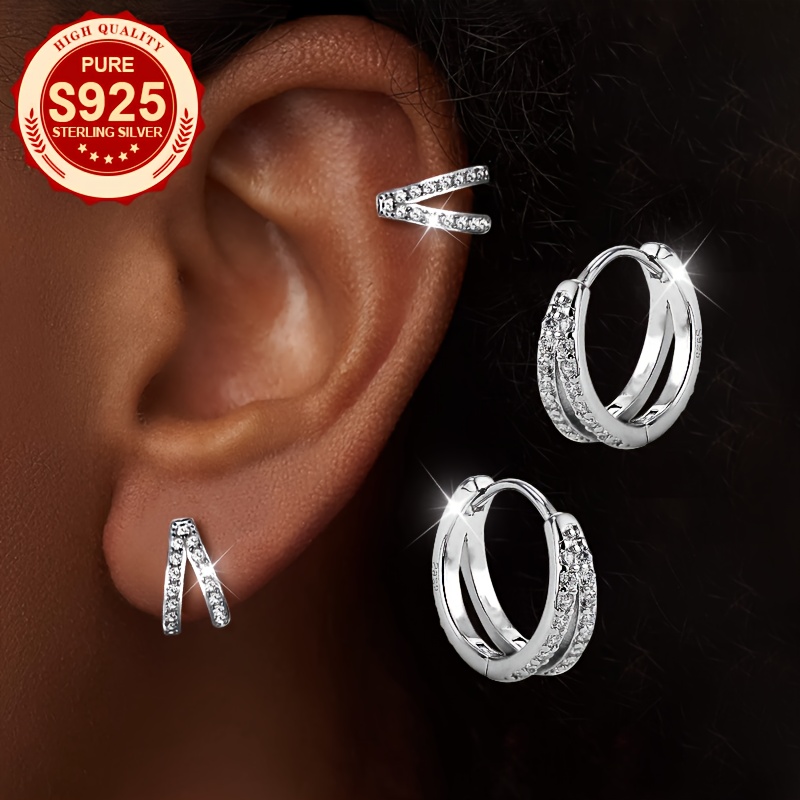 Image of A Pair, S925 Silver, Women'-layer Synthetic Zirconia Earrings, Double-layer Shiny Design, Easy, And Elegant, Small And Cute, Suitable For Daily Wear, Gifts, Hypoallergenic