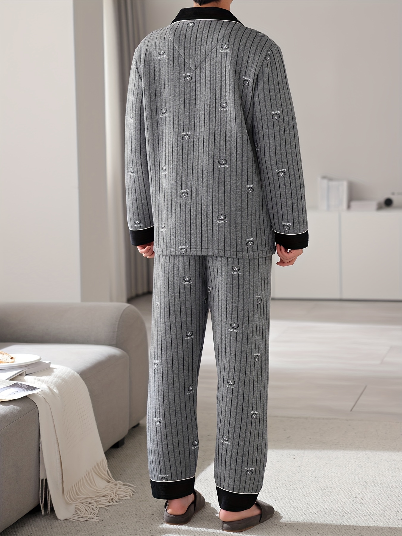 Men'S Casual Cotton Pajama Set with Lapel Collar, Geometric-Pattern, Long Sleeve, Loose Fit, Slight Stretch, Knit Fabric, Winter Warm Thickened, Triple-Layer Cotton Lined Sleepwear with Pockets