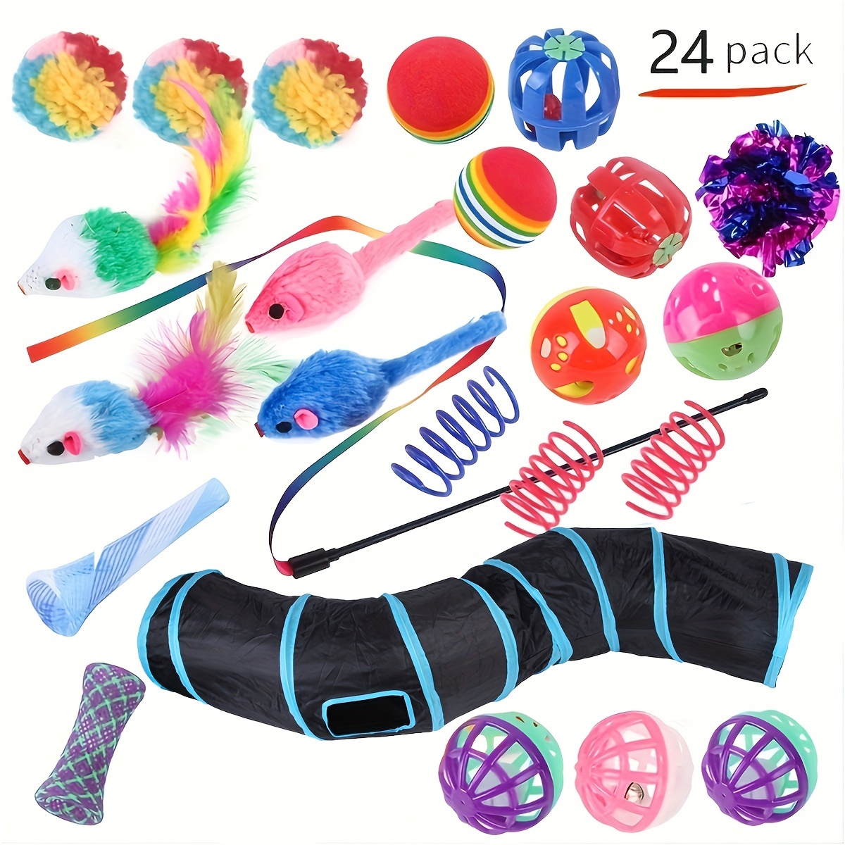 

24 Pack Cat Toy Set With Collapsible Tunnel, Interactive Feather Teaser Wand, Crinkle Balls, And Diverse Playthings - Polyester Material, Pack For Cats