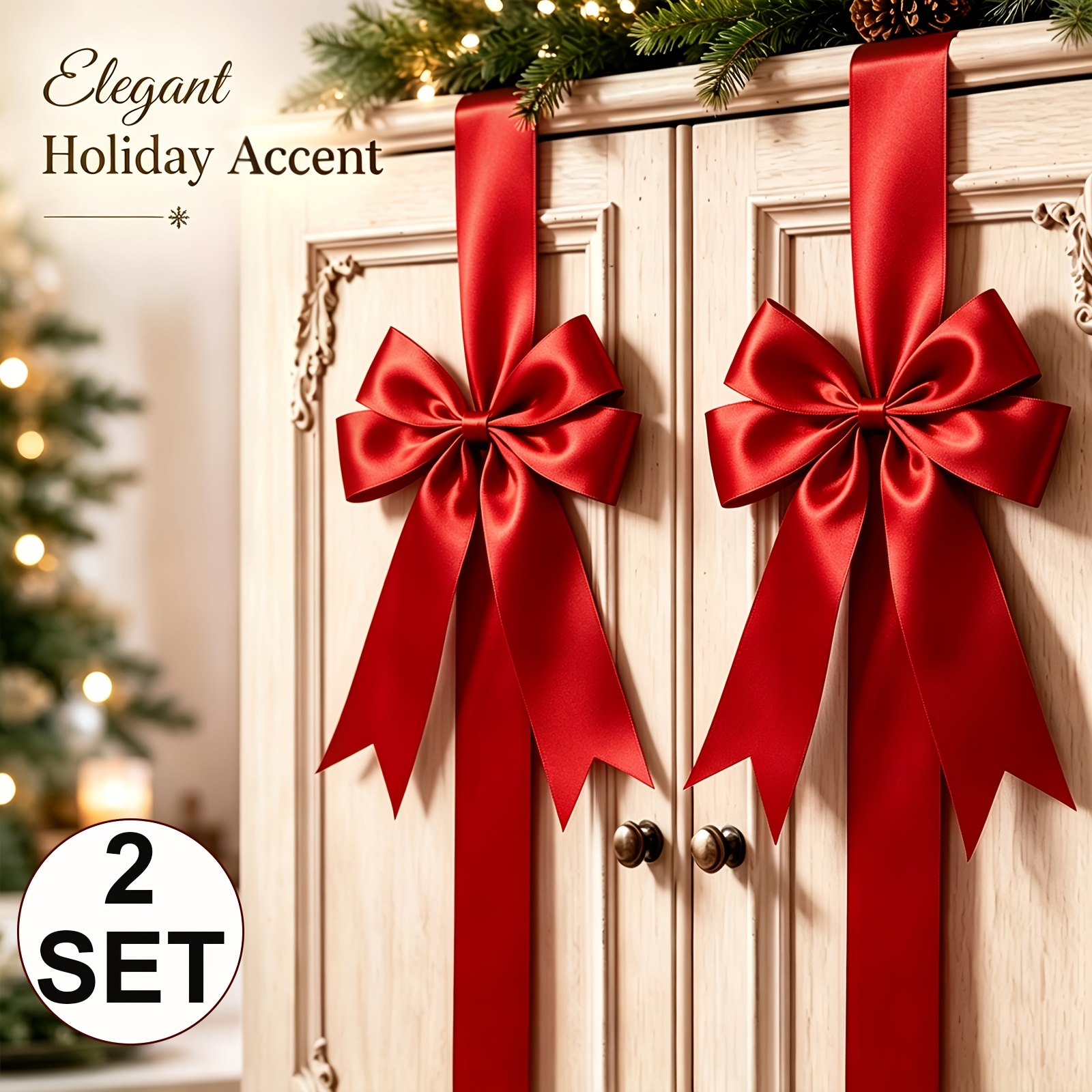 TEMU 2set Christmas Cabinet Bows With Ribbons Decoration For Kitchen | Large Christmas Door Ribbon Cabinet Bows Locker Includes Double-sided Tape For