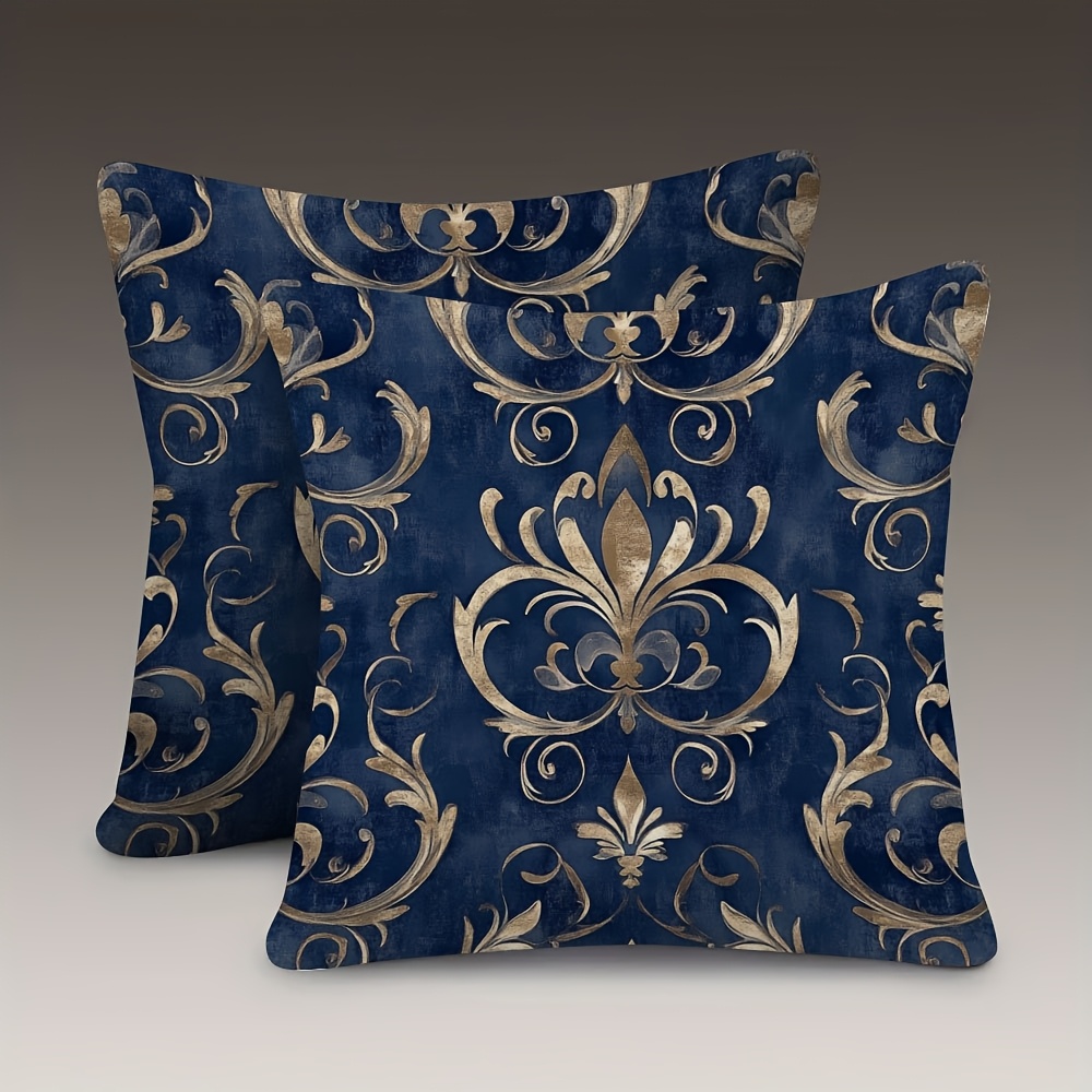 TEMU 2pcs Vintage Style Throw Pillow Covers, Super Soft Short Plush, 18x18 Inch, And Baroque Swirls Pattern In Navy Blue With Golden Accents, Zipper