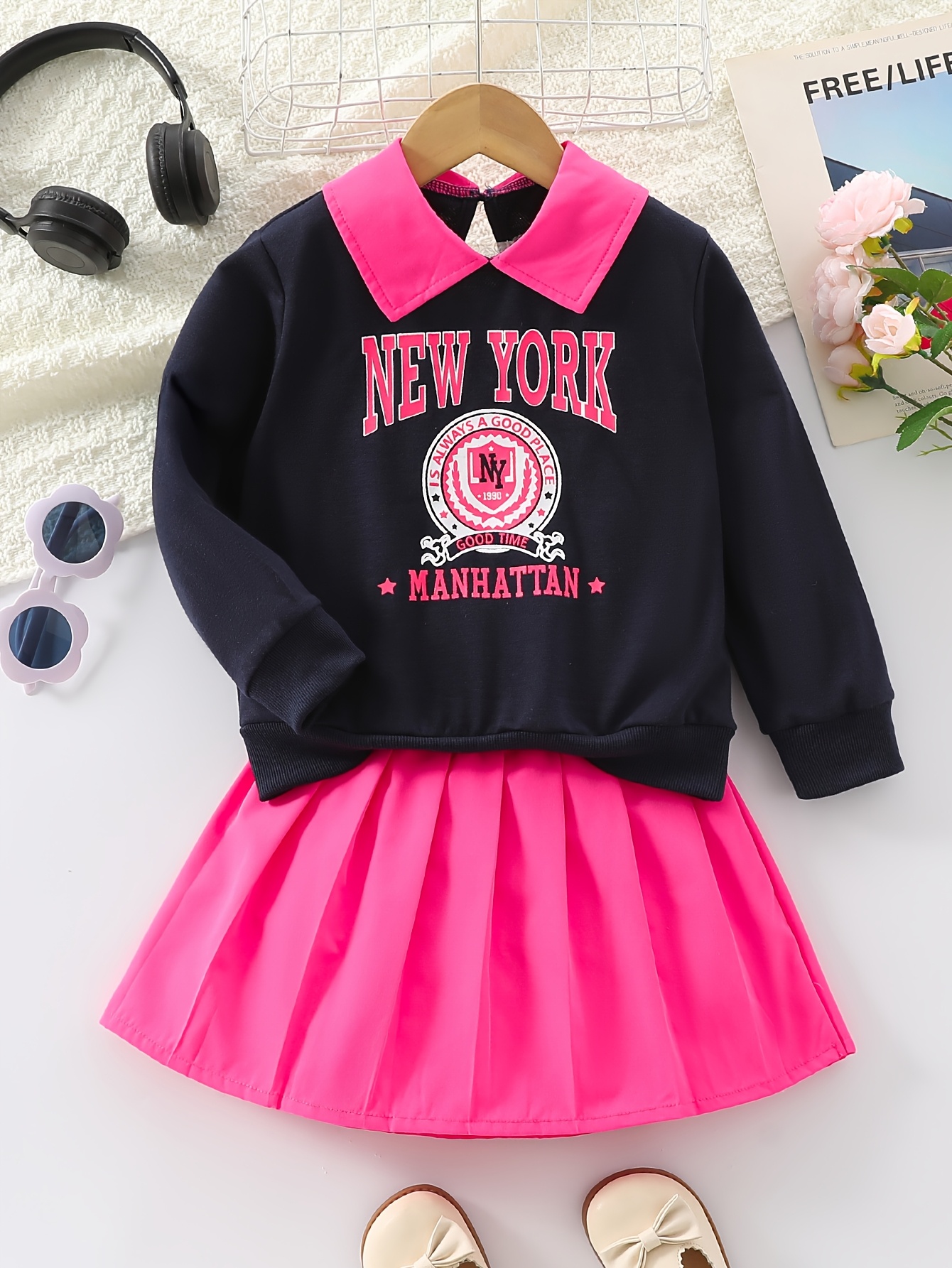 Two-piece Set for Girls: Fashionable Letter Random Print with Turnover Collar Regular Long Sleeve Top + Pleated Edge Solid Color Regular Short Skirt Length and Thigh Spring and Autumn Casual Half Skirt Set