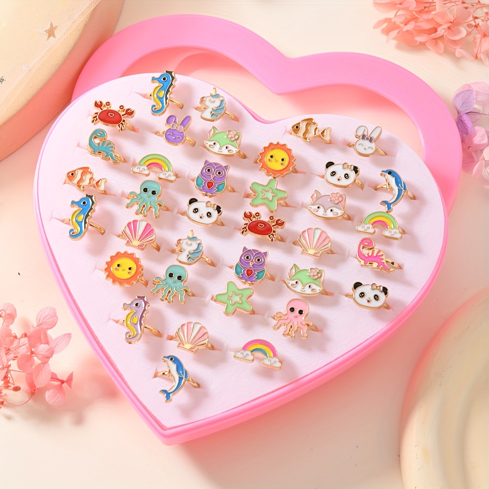 Image of Series 36pcs Gift Box/36pcs Bulk/12pcs Bulk Teen Ring Combination Ocean Animal Shape Alloy Jewelry Colorful Fashionable And Cute Festive Matching Daily Wear Souvenir Gift, For Teenager, For Teenager