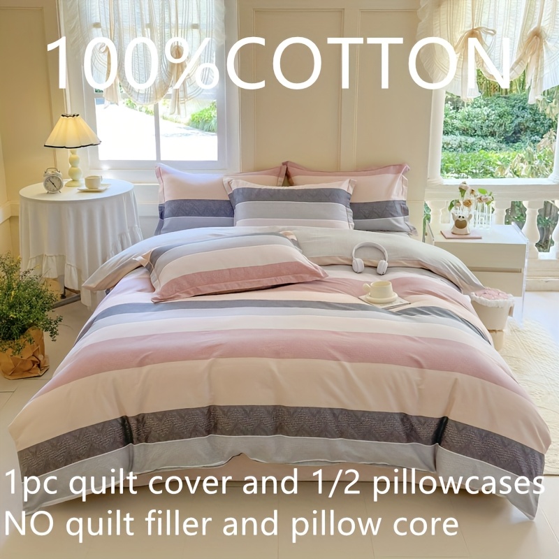 Image of 100% Cotton Duvet Cover Set Twin/queen/king Bed - Soft Botanical Stripe Bedspread With Zipper Closure, Comforter Cover & Pillowcases (no Insert), 40 Bed Sheets & S, Machine Washable
