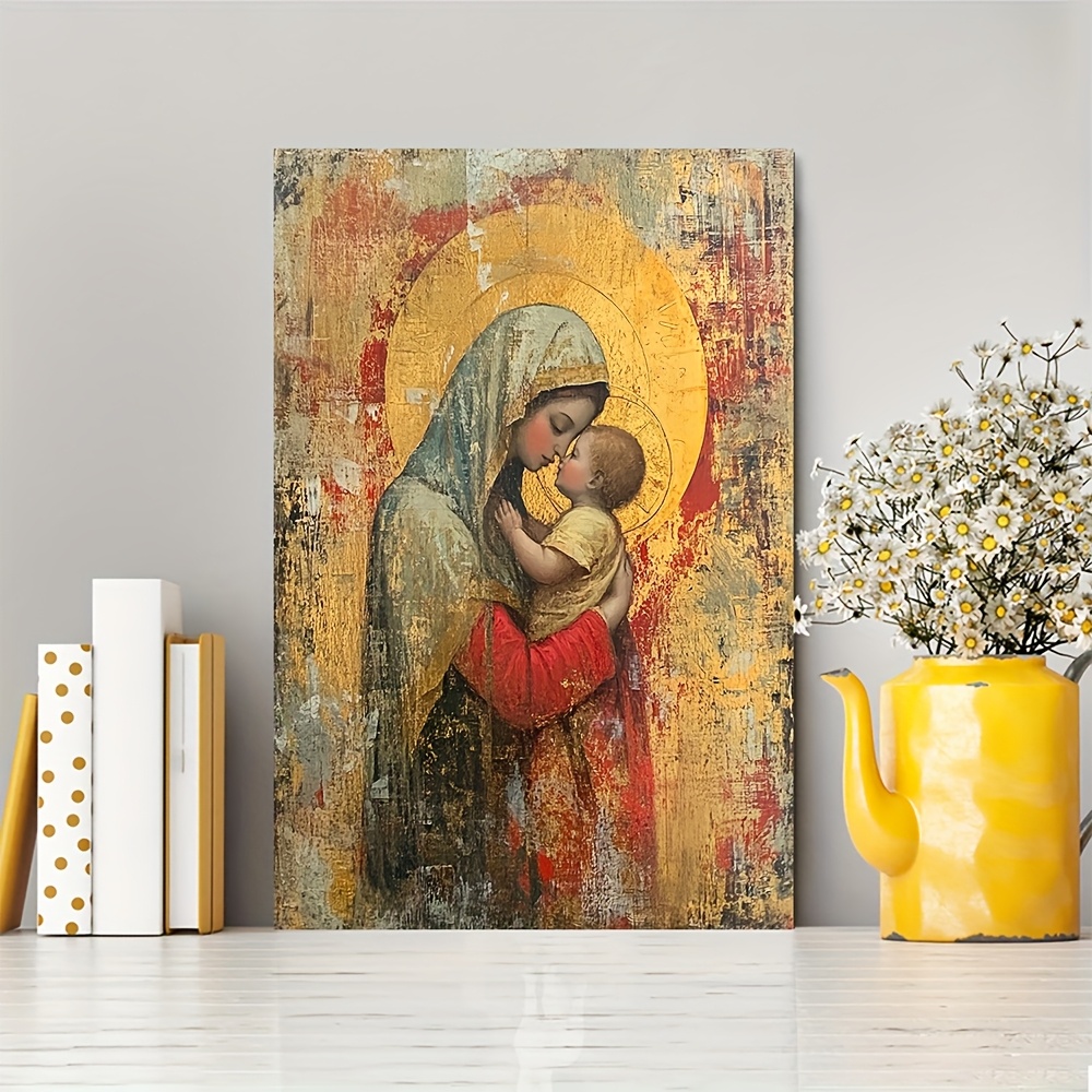 TEMU 1pc Impression sur Toile de Style Vintage de Marie et Jésus avec Cadre en Bois - Décoration Murale et Colorée , Cadeau Idéal pour la
