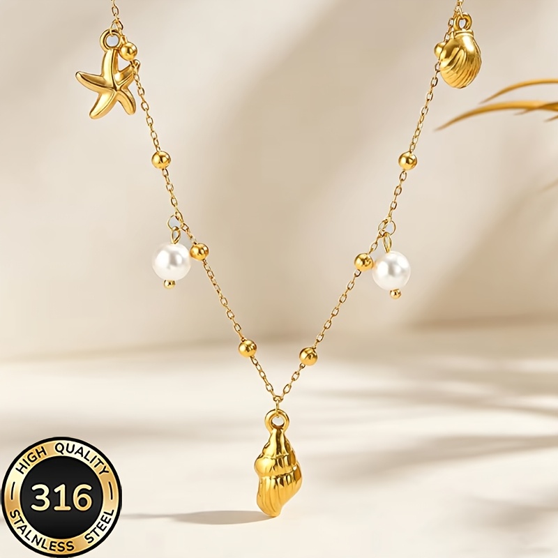 Women's Ocean-Themed Conch Pendant Necklace, 18K Gold Plated