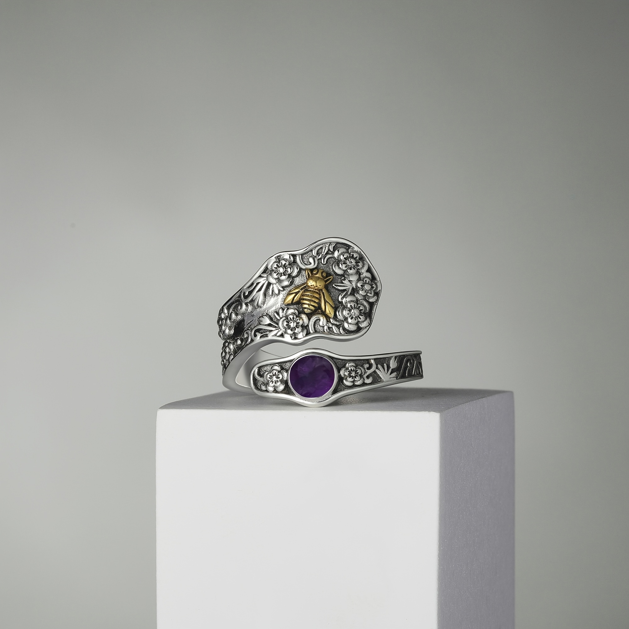 925 Silver Amethyst Spoon Ring Adjustable Thumb Jewelry Gift
