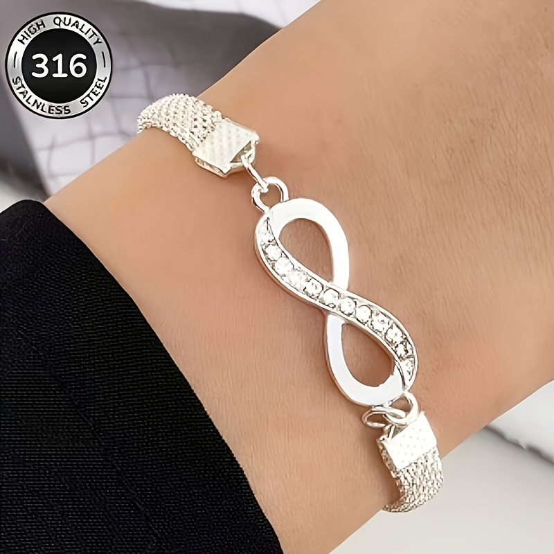 TEMU Pulsera de acero inoxidable 316 con forma de y detalles de piedras brillantes, diseño de de , adecuada para uso diario y regalos de San Valentín