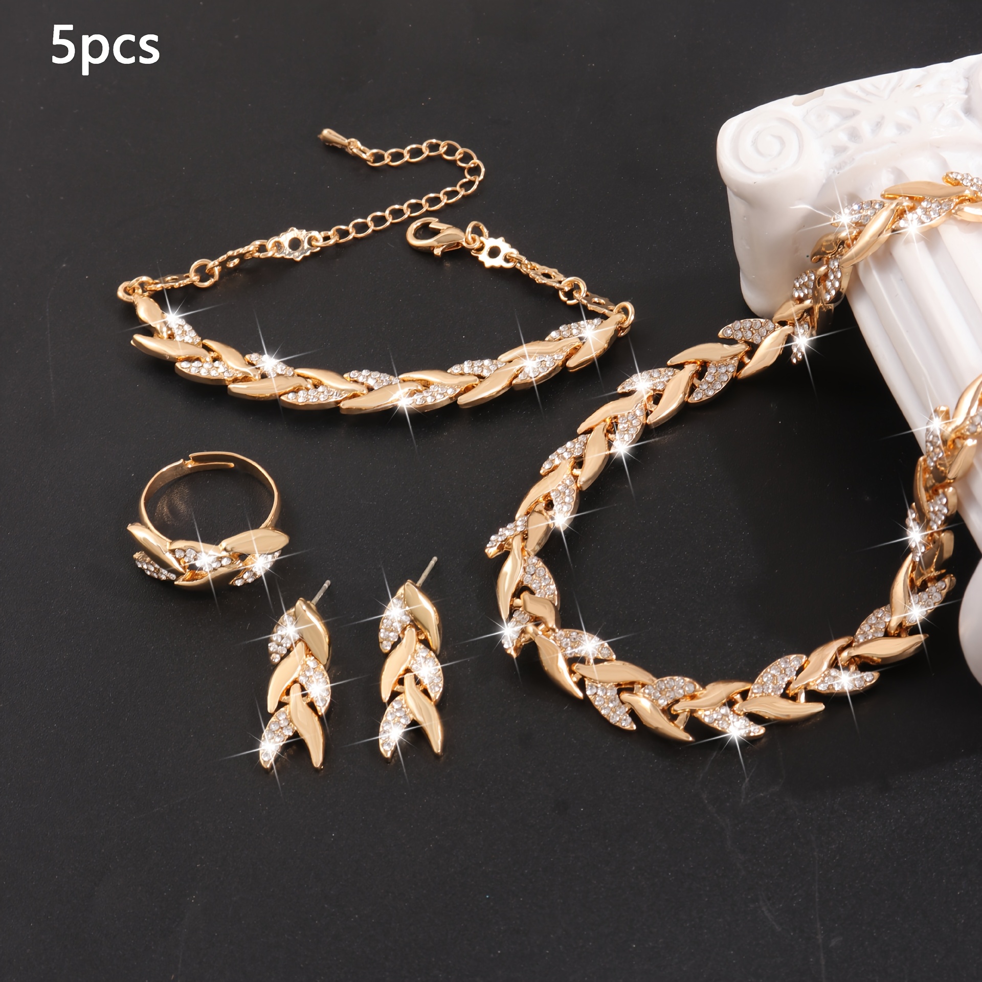 TEMU Set de Joyería de 5 piezas con Ramo de Trigo Dorado Rosa, Collar de Trigo, Pulsera, Anillo, Joyería para , Set Completo de Lujo Ligero Premium,