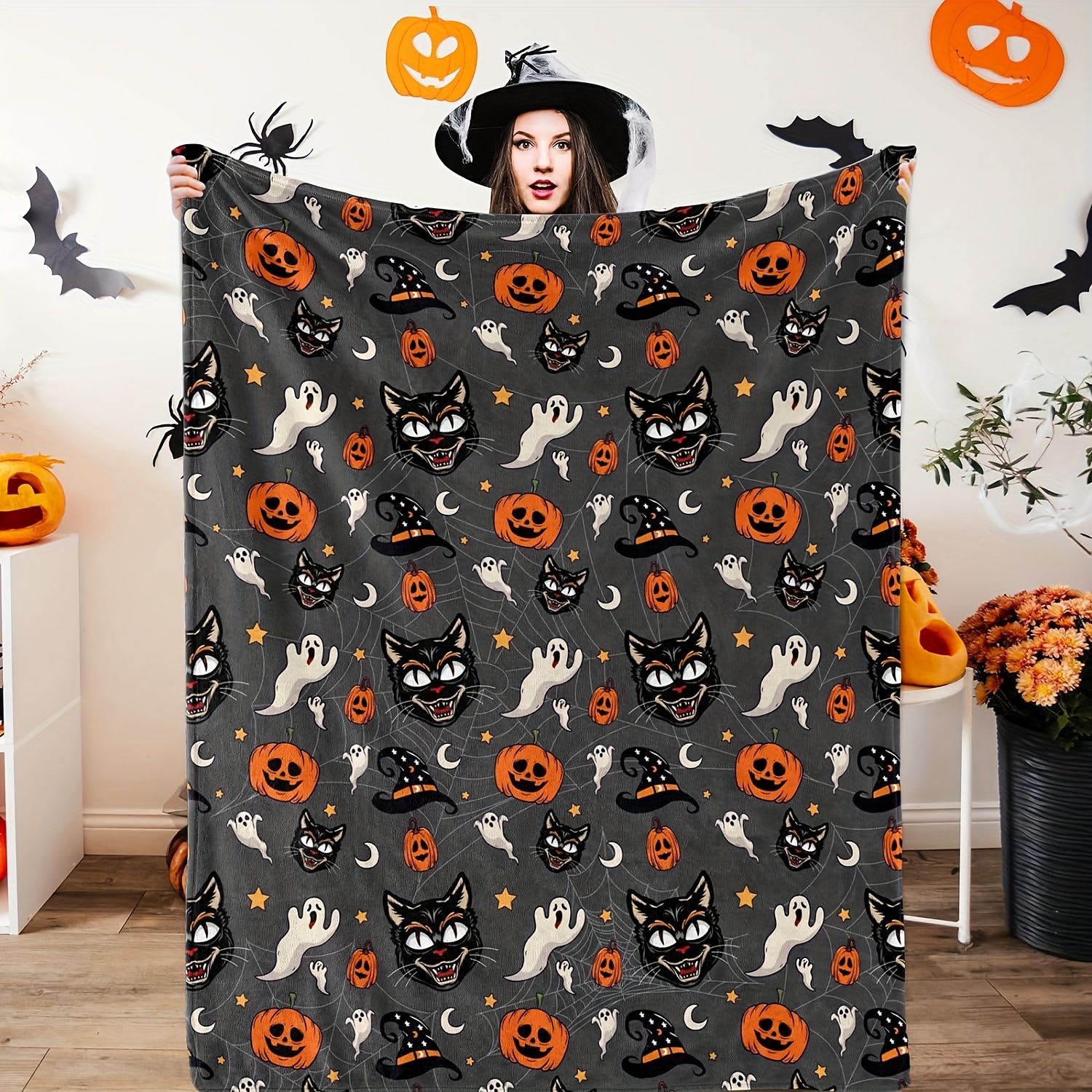 

Cozy Halloween Flannel Throw Blanket - Black Cat & Pumpkin Ghost Design, Soft Plush For Couch Or Bed, All-season Comfort
