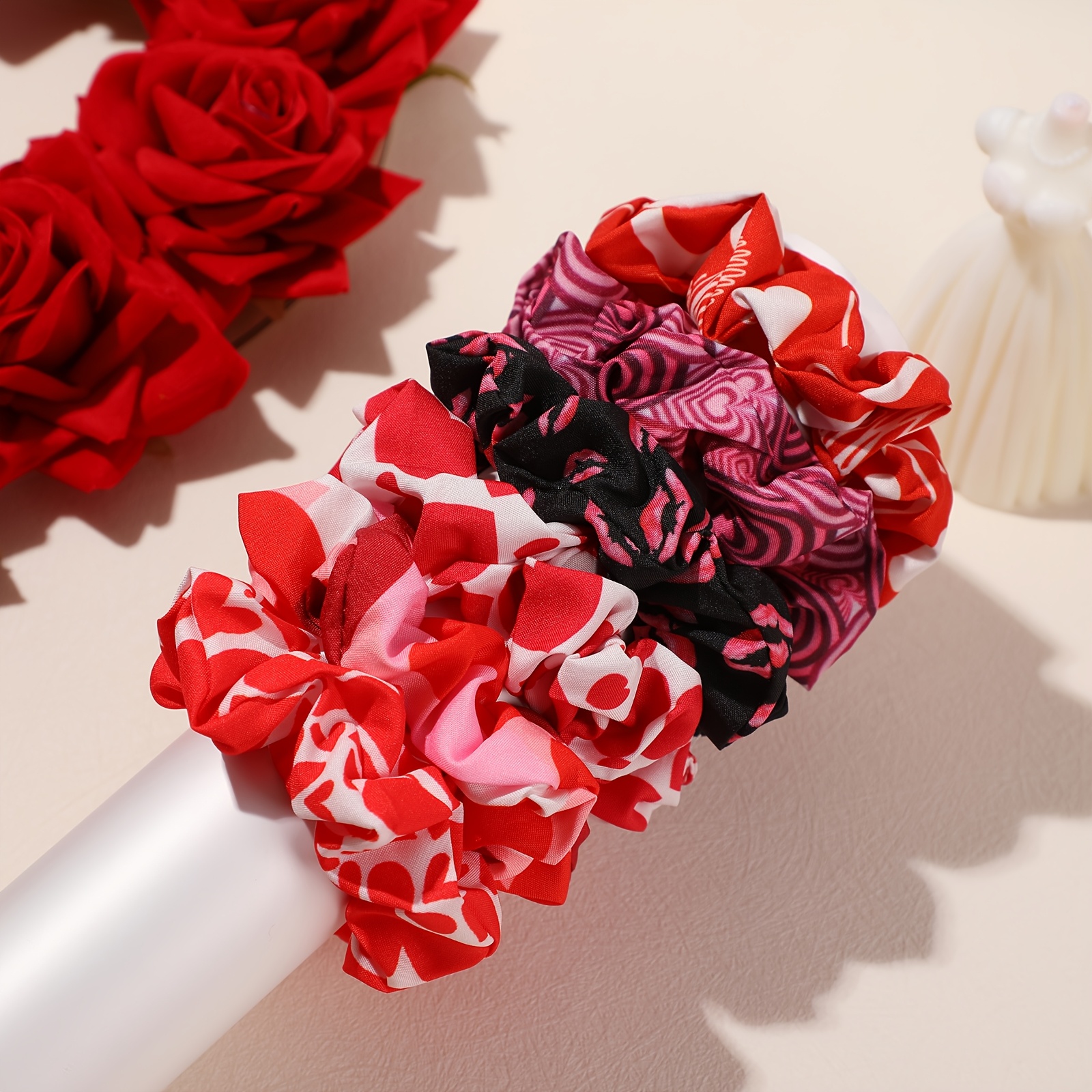 

6pcs Valentine's Day Themed Hair Scrunchies - Sweet Fabric Bands With Heart & Lip Prints, Ponytail Holders For Dates & , Hair Ties| Design|fabric Hair Ties, Valentines Day Gifts