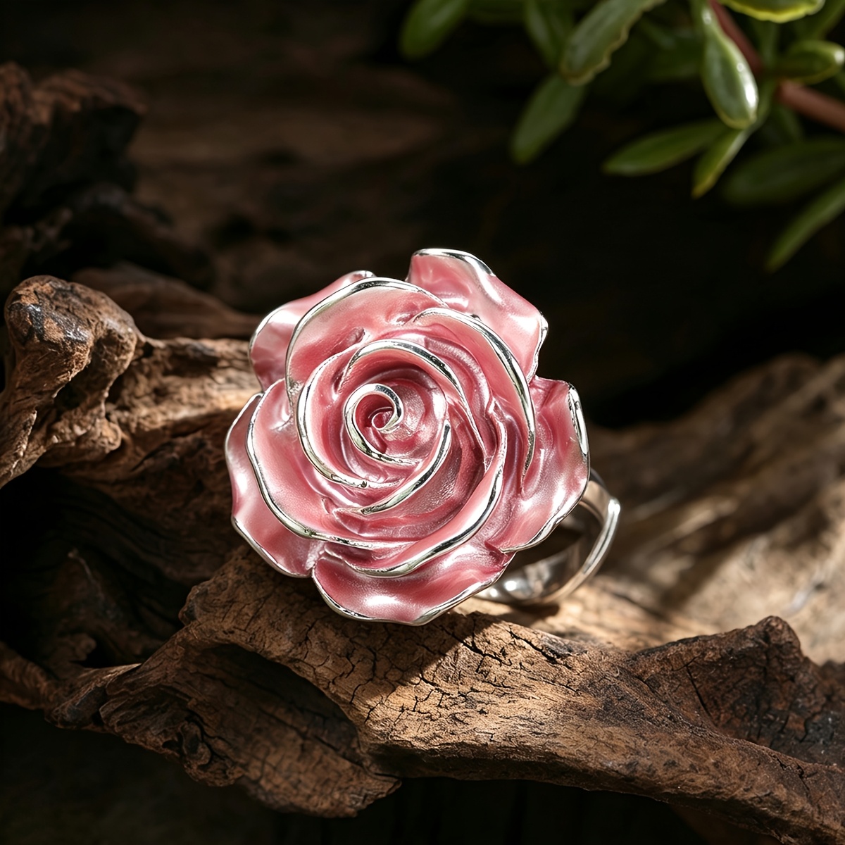 Women's 2pcs Vintage 3D Enamel Rose Flower Statement Ring Set