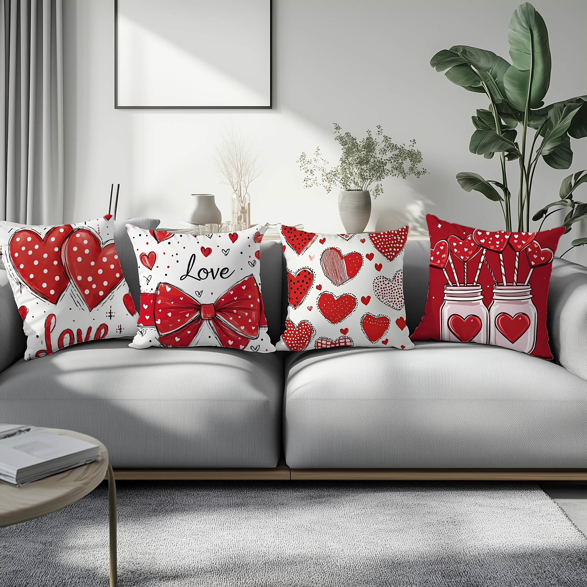 

4-pack Valentine's Day Pillow Covers, 18x18 Inches, Soft Short Plush, Hypoallergenic Polyester, Machine Washable With Zipper, Romantic Heart & Candy For Bedroom & Living Room Decor