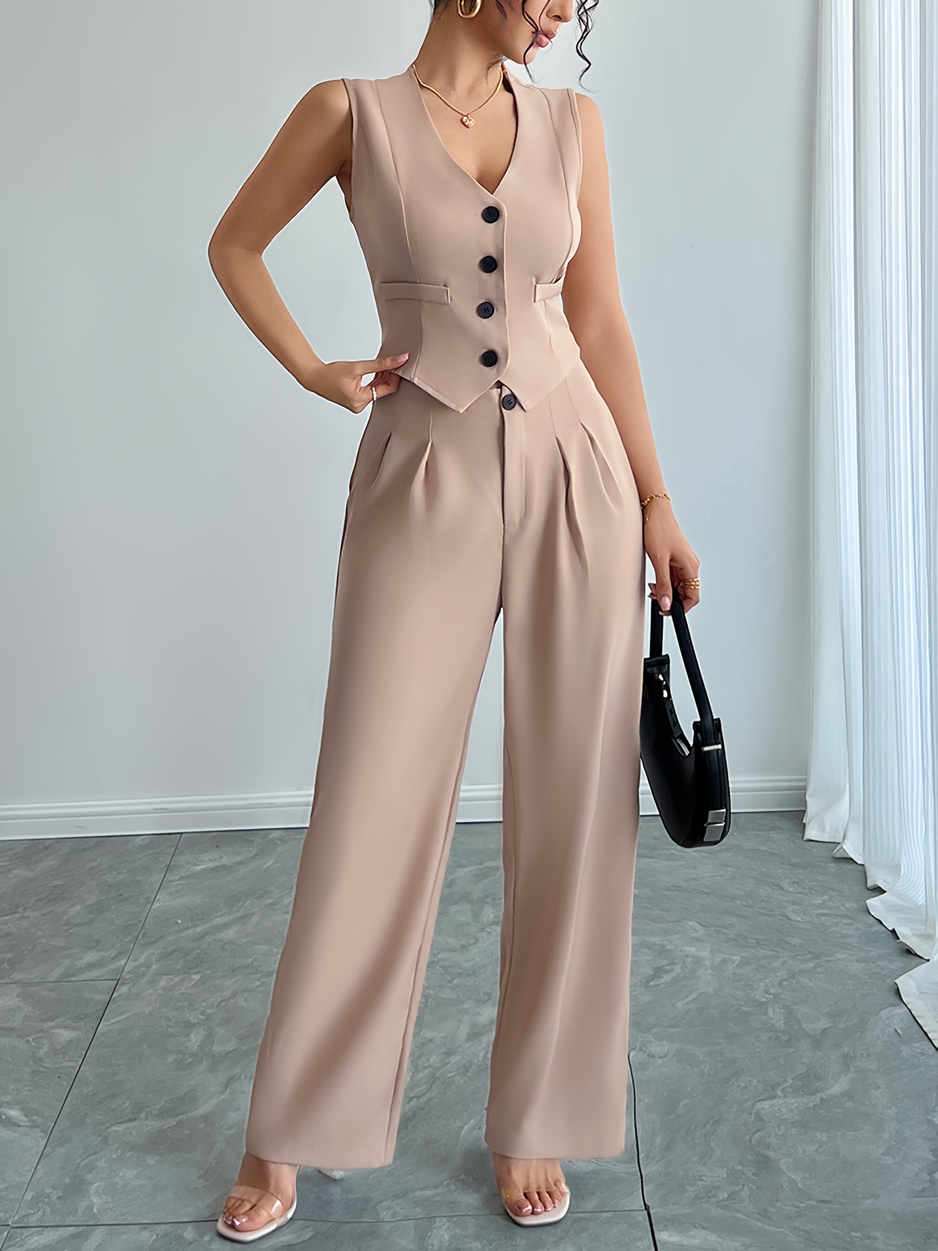 womens elegant fit jumpsuit v neck long sleeve pantsuit - Temu