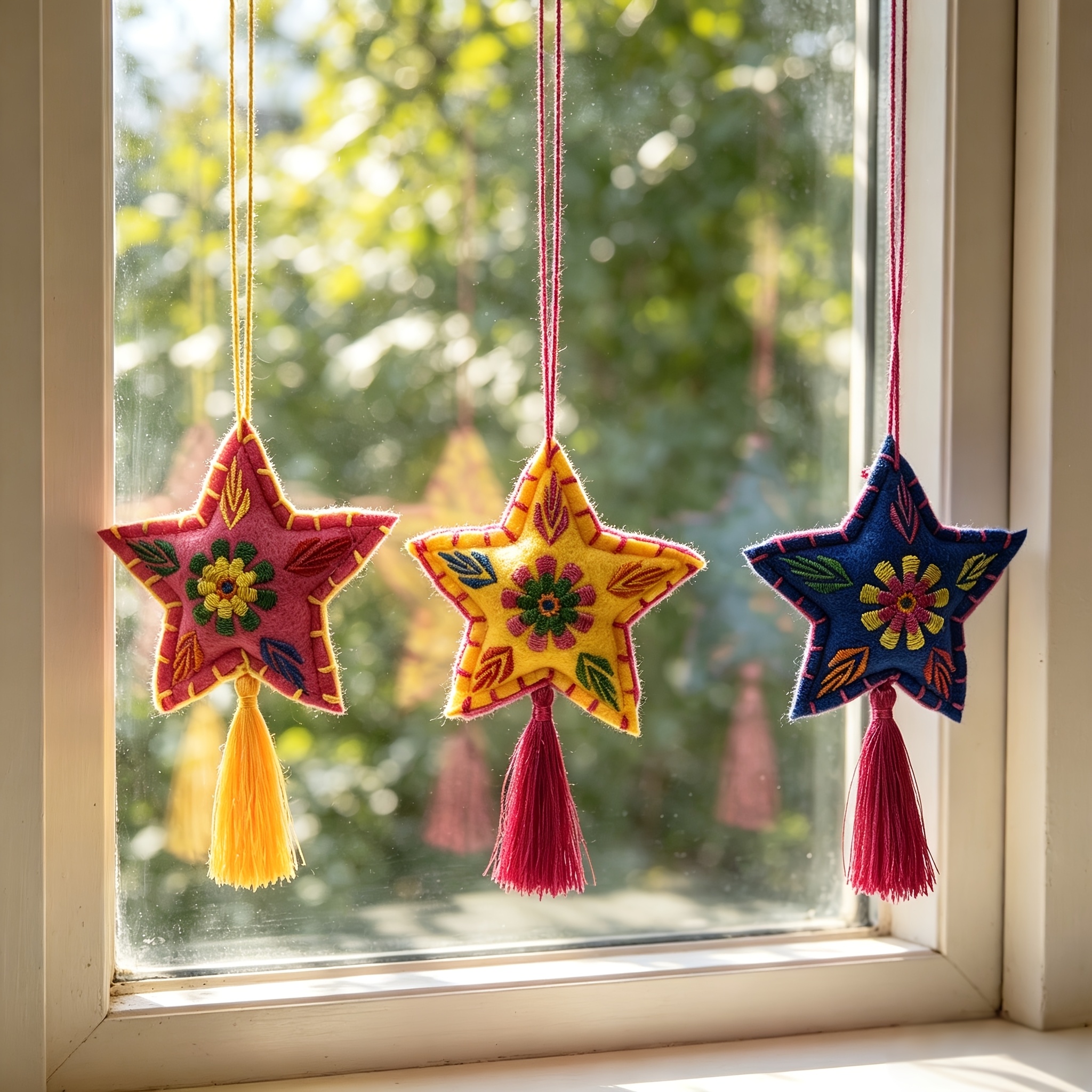 TEMU 3pcs Ornement Bohème Fait Main Étoile Pompon Broderie Feutre Coloré à Suspendre pour Sacs, Décoration Murale & Sapin de Noël