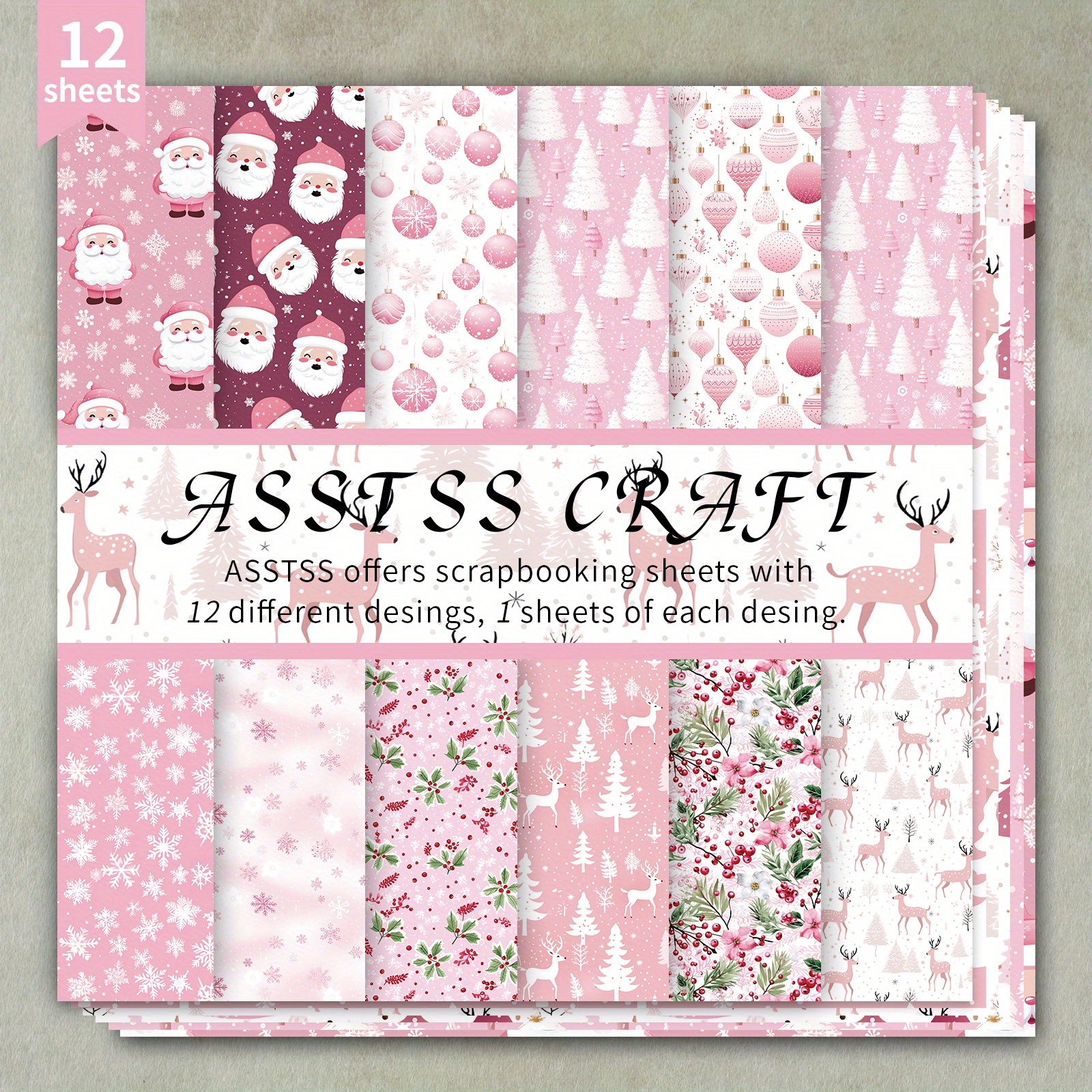 TEMU Asstss 12-sheet Heavyweight Scrapbooking Paper Pad - Pink Christmas Theme With 6"x6" Floral & Holiday Patterns, Compatible For Journaling, Card