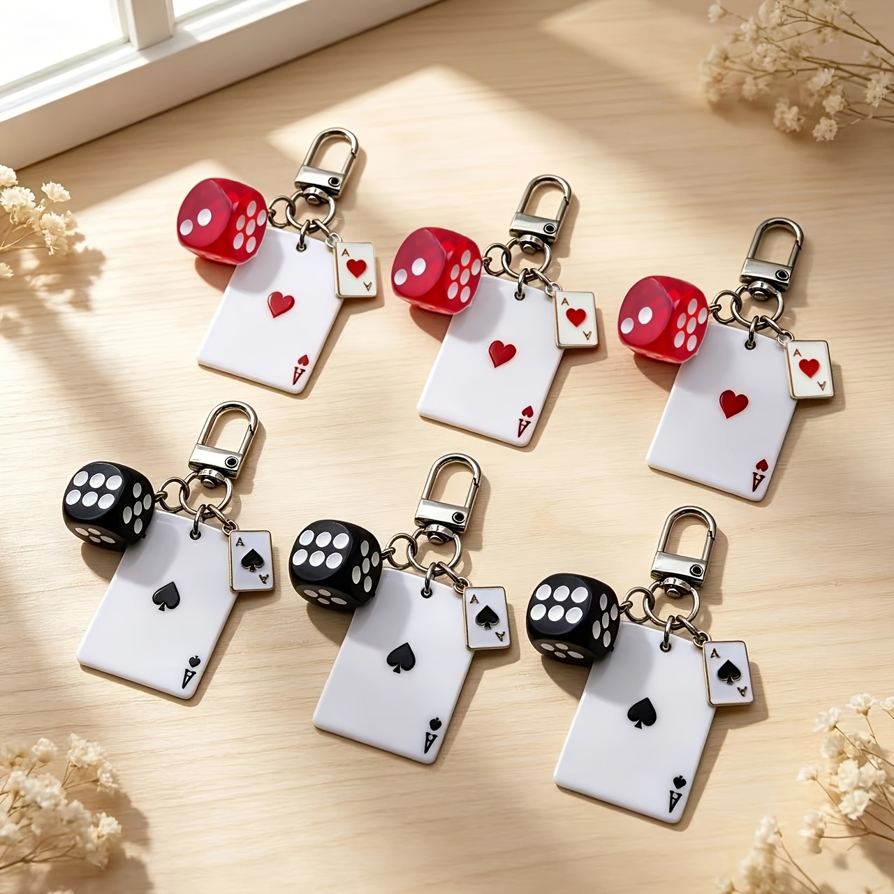 TEMU 6pcs Double-sided Large And Small Playing Card & Dice Keychains, And Ace Of Hearts Themed Accessories, Backpack Or School Bag Charm Gifts, Car