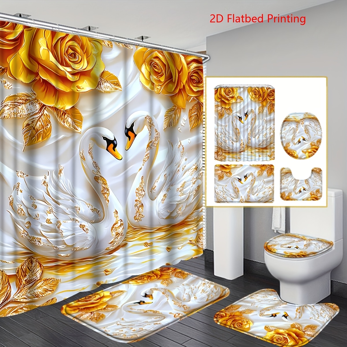 TEMU 2d Flat, 2d Flat, Set Of 4pcs Featuring A 2d Shower Curtain, This Stylish Bathroom Ensemble Includes A Shower Curtain, A Non-slip, A Toilet Seat