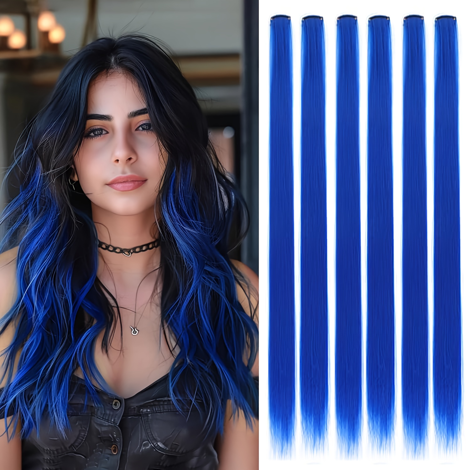 E-shop 6 Stk. Clip-In-Haarextensions, 24 Zoll blaue Haarverlängerung mit farbigen Party-Highlights für Kinder Mädchen, synthetisches Haarteil, glatt