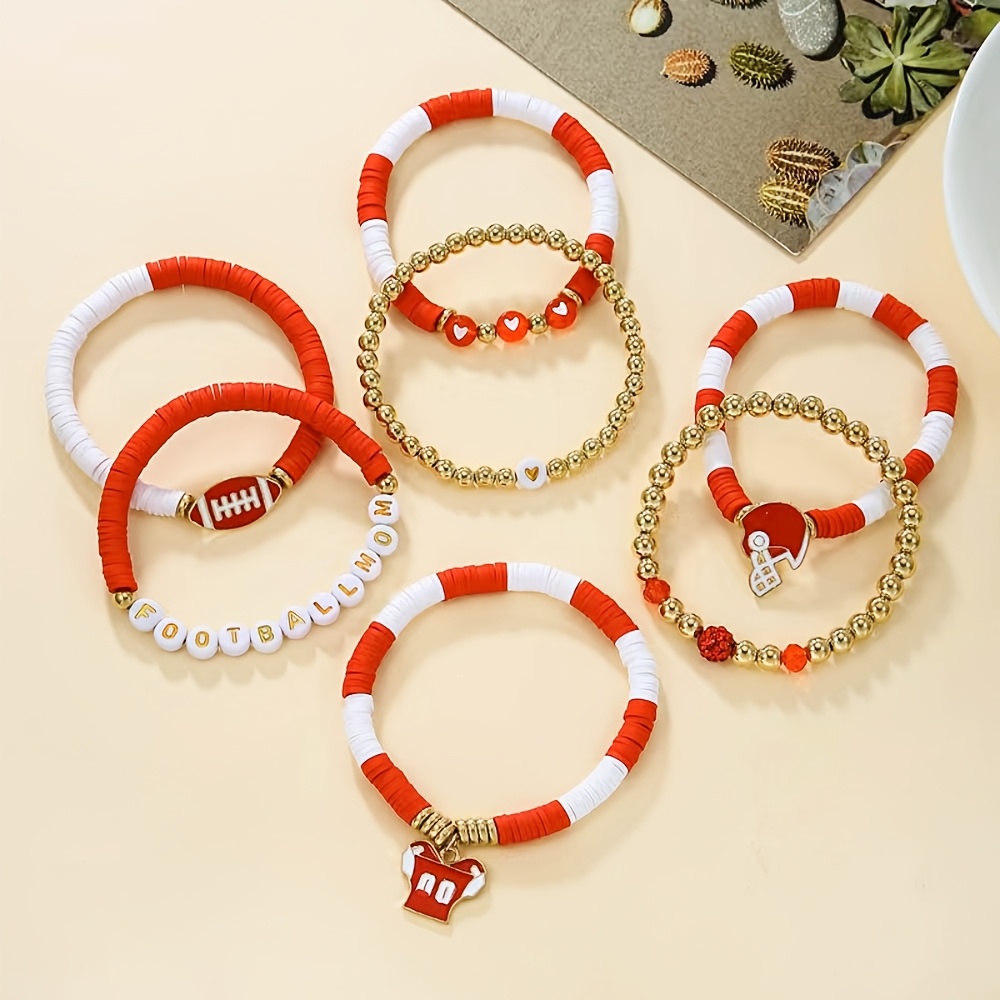 15pcs/lot fashion sports rugby themed heart-shaped soft ceramic   elastic stackable neutral bracelet for daily gift   jewelry accessories     details 11