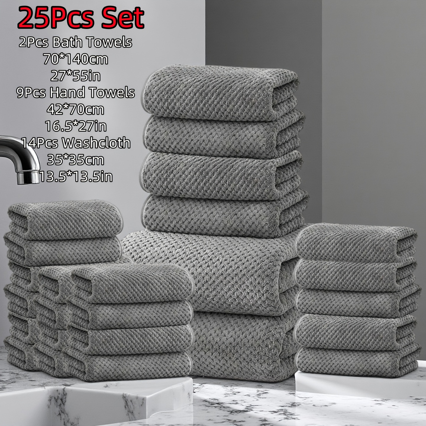 E-shop 25-teiliges Ultra-Weiches Korallen-Badehandtuch-Set, Inklusive: 2 Badetücher (70 x 140 cm), 9 Handtücher (42 x 70 cm) 14 (35 x 35 cm).