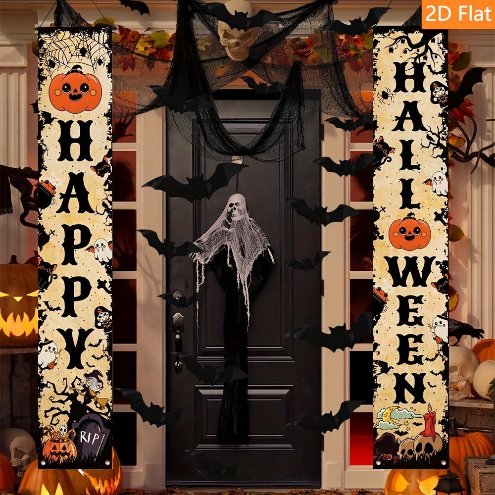 2d flat 2d flat 2d flat 2d flat a 2d banner featuring a pair of halloween cartoon party decorations made of polyester   with cute designs of pumpkins witches ghosts and skeletons suitable for indoor and outdoor party decor