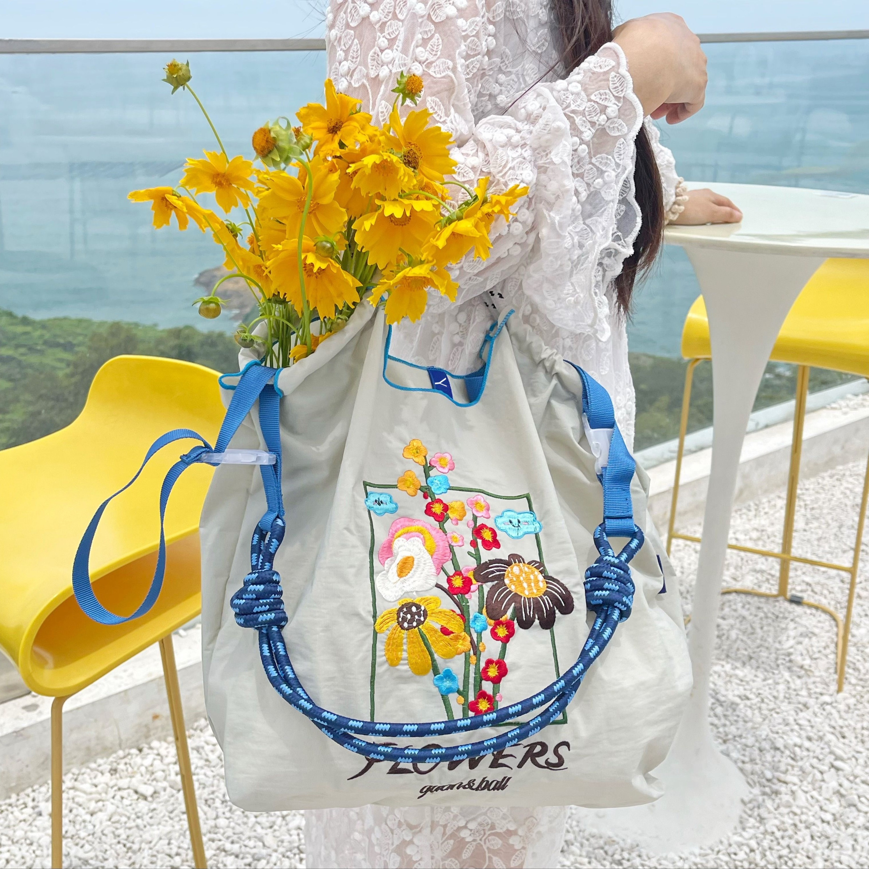

Elegant Floral Embroidered Nylon Tote Bag With Detachable Shoulder Strap, Lightweight And Foldable Beach, Travel & Shopping Bag For Women