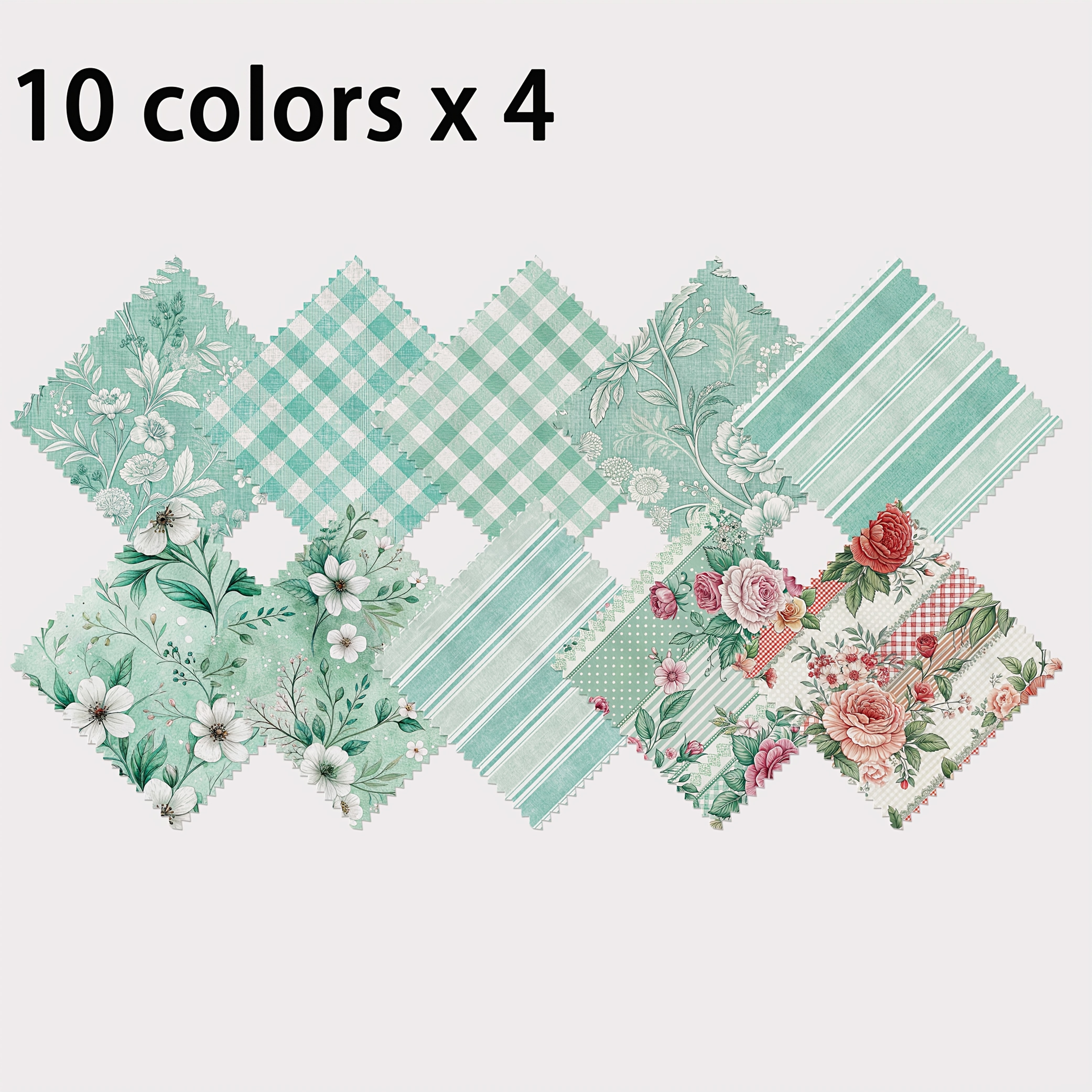 TEMU 40pcs Charm Pack Assortment Fresh Mint Green Floral Striped Mixed Colors Hand Material Kit Hand Texture Style Elements, 10 Designs Of 120g