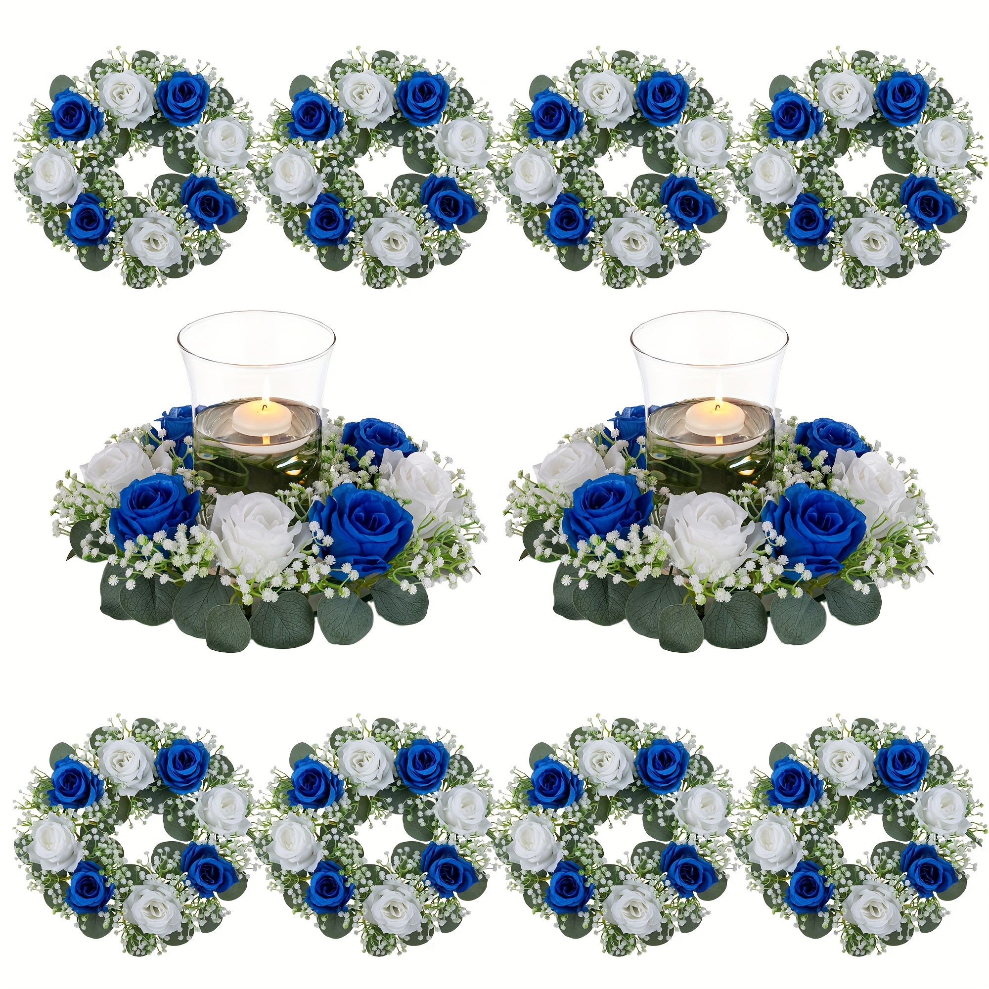 10pcs wedding flower rings centerpiece 14 inch   large royal blue white artificial rose flower candle rings wreaths for home party table decor   spring floral wreath for front door