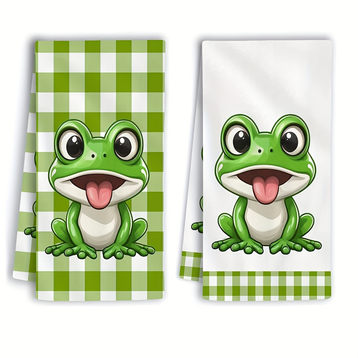 Image of A Set Of 2 Modern Polyester Kitchen Towels, Made From Fabric, Featuring A Cartoon Frog Checkered Design. Are Hand Wash Only, Rectangular , And Perfect For Cooking, Baking, Gifts, Cleaning Supplies
