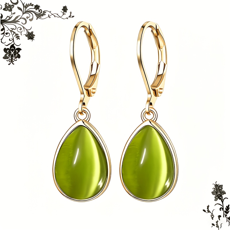 TEMU A Pair Of Golden Teardrop-shaped Green Earrings For Women, Sold In Pairs, Elegant Women's Earrings, Women's Jewelry For Daily Wear, Fashionable
