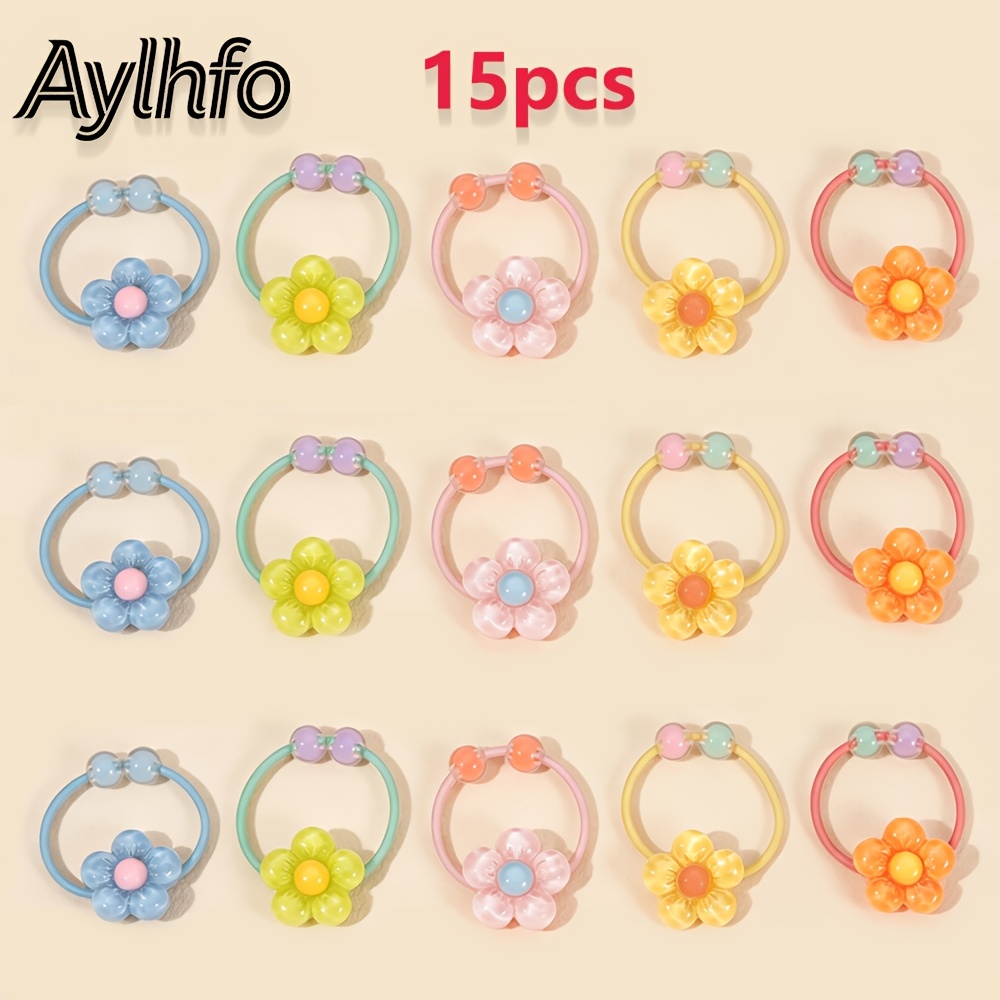 TEMU AYLHFO 15pcs Été Nouveaux Chouchous Colorés en Résine avec Fleurs, Ensemble de Élastiques à Cheveux, Adorables Nœuds en Gelée, , Étoile,