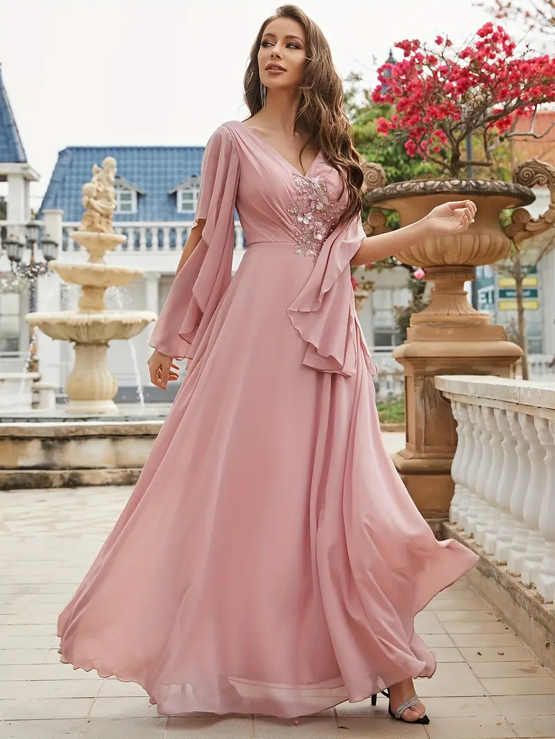 elegant v neck flared sleeve bridesmaid dress waist - Temu South Africa elegant v neck flared sleeve bridesmaid dress waist - Temu South Africa