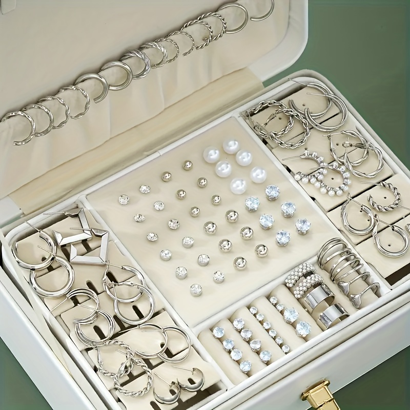 

Elegant 102-piece Silvery & Faux Pearl Earring Set - Vintage & Chic Studs And Hoops For Everyday Wear, Zircon Inlaid, Alloy Posts (no Box Included)