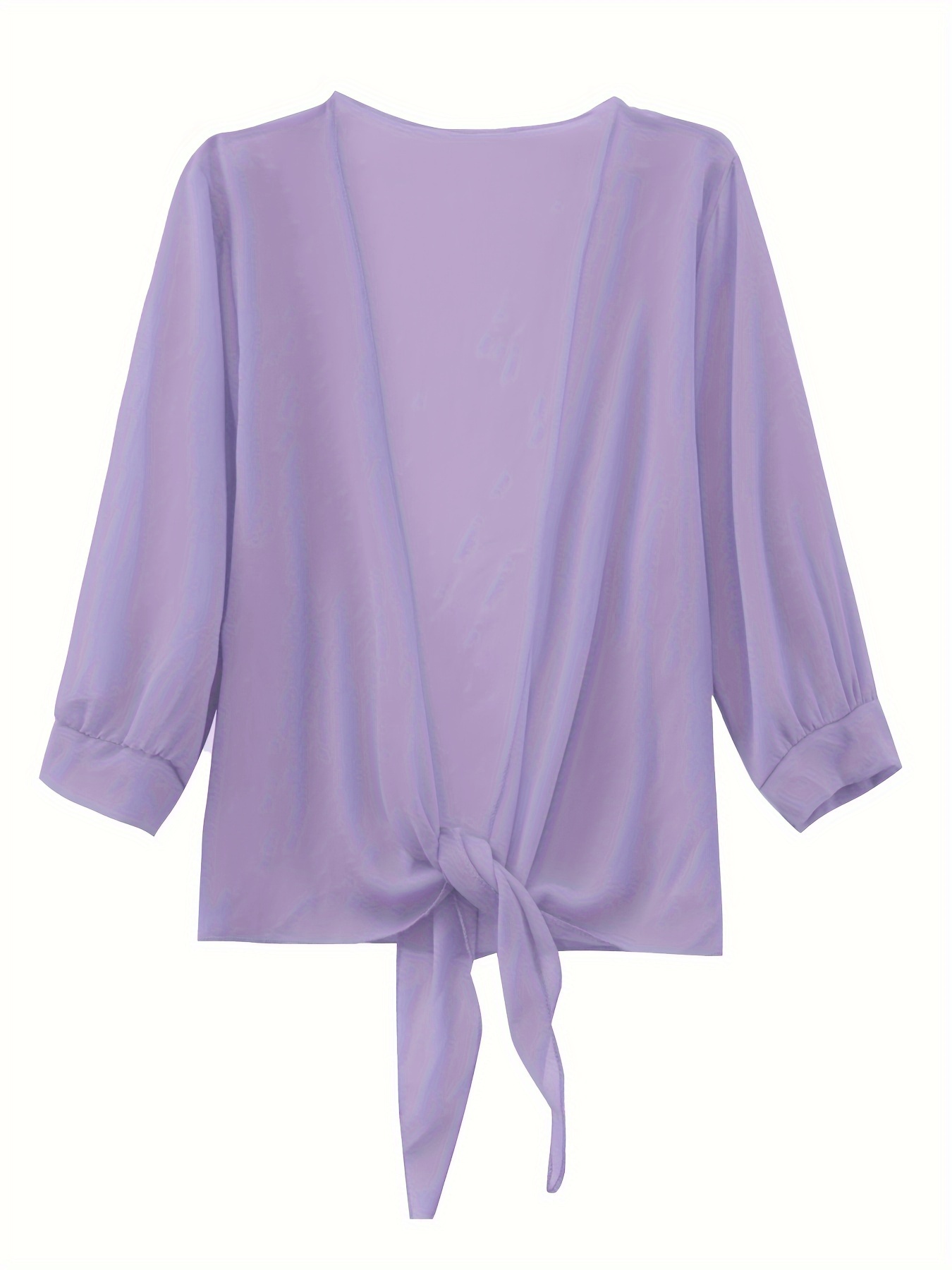 Women'S V-Neck Polyester Cardigan - Solid Color Half Sleeve Short Length with Lace-Up Detail, Non-Stretch Woven Fabric, Spring/Summer Lightweight Chiffon Sun-Protective Clothing