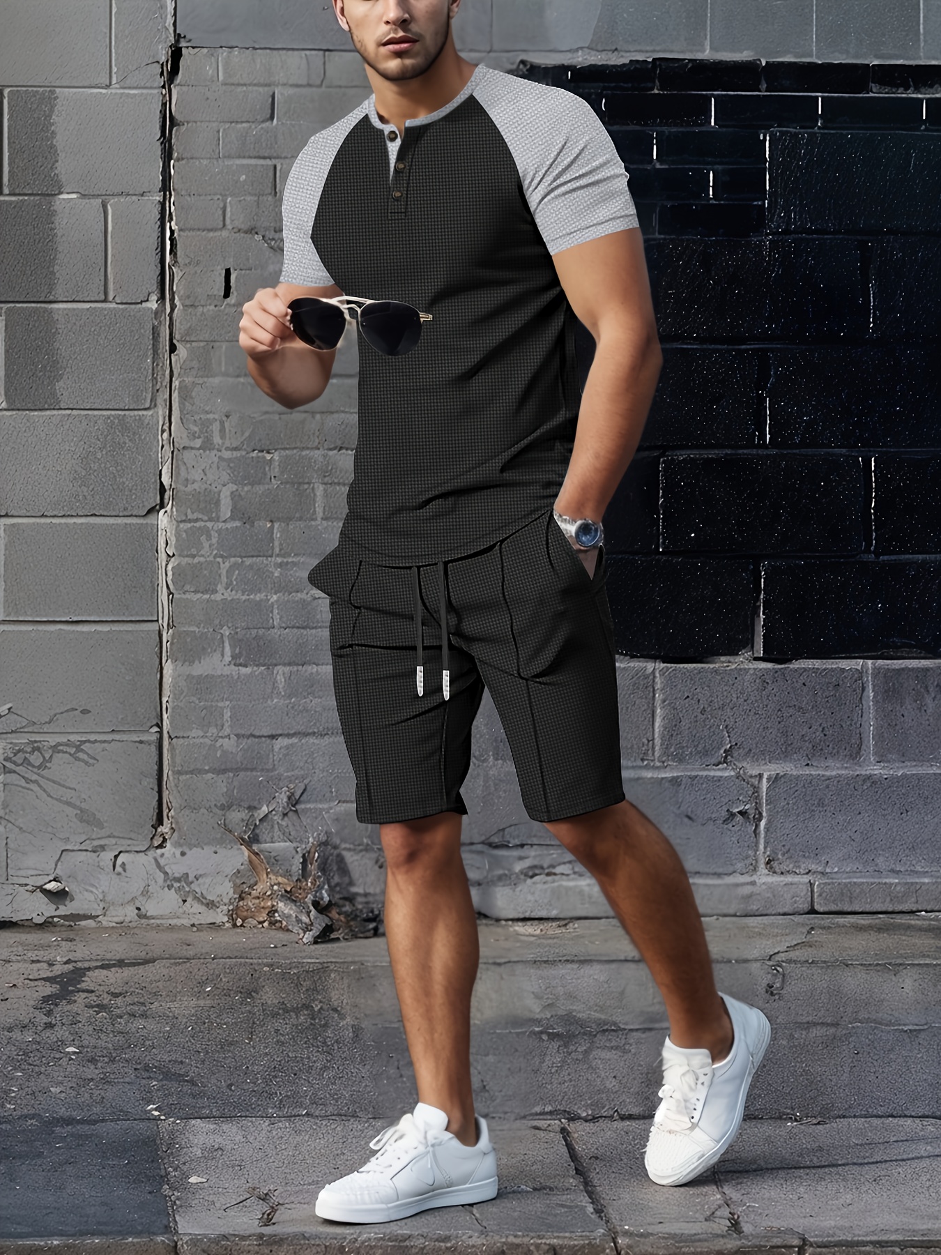 2025 men's new short sleeve round neck two piece set shorts