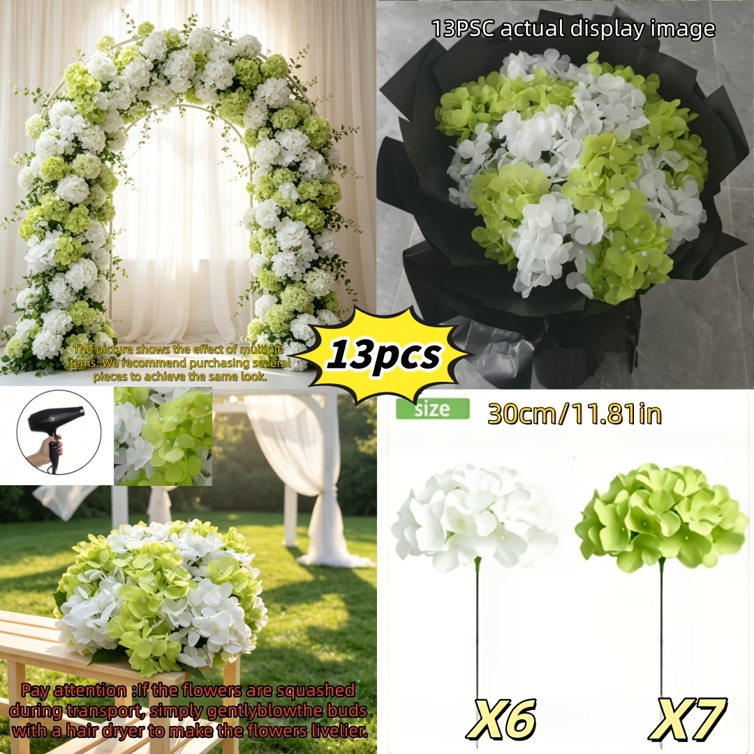 TEMU 13pcs Set Of Realistic Romantic Hydrangea Decorative Flowers, White + Green Hydrangea Decorative Flowers. Suitable For Weddings, Forest-themed
